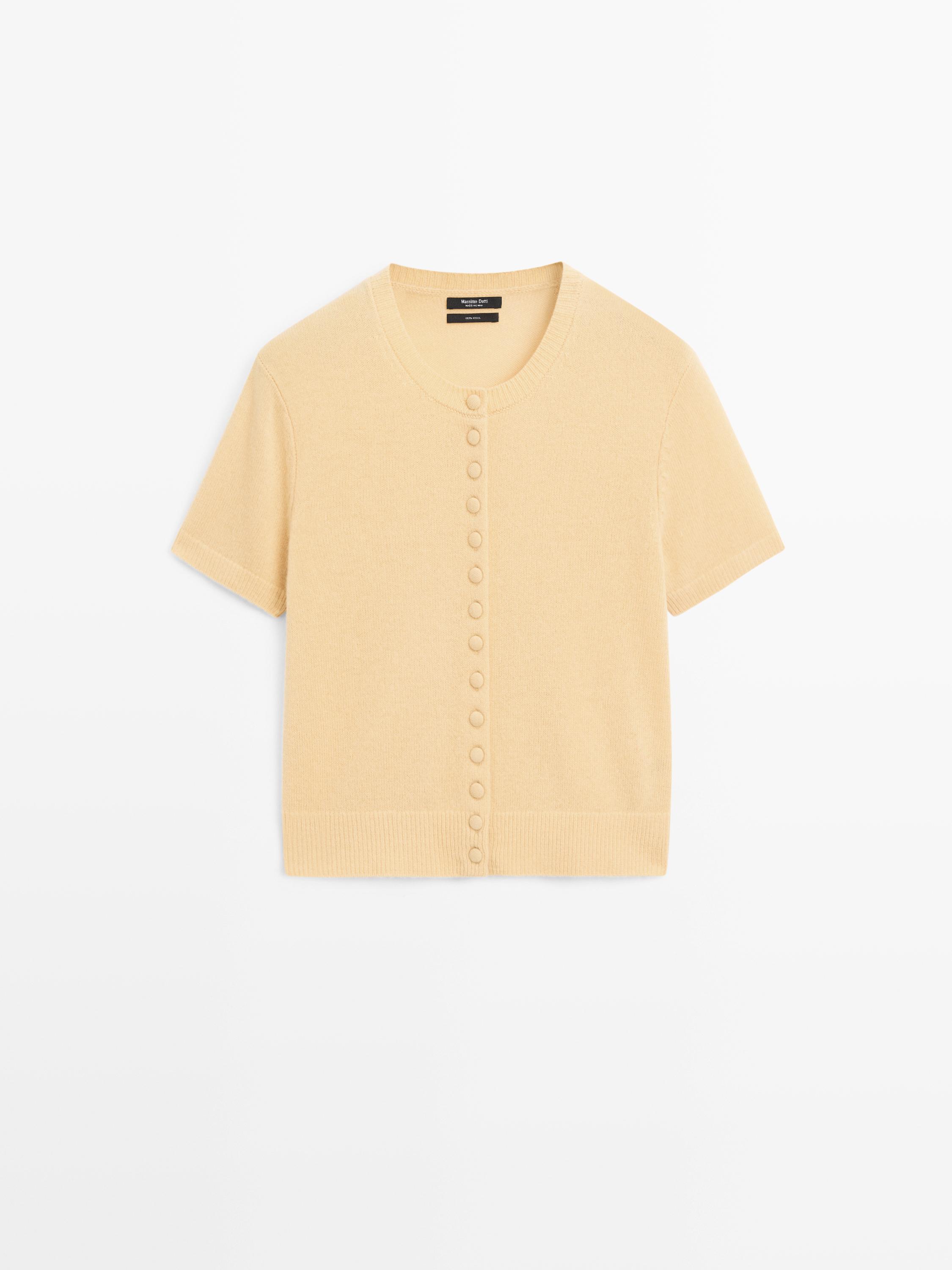 Short-sleeved knitted cardigan, 100% wool