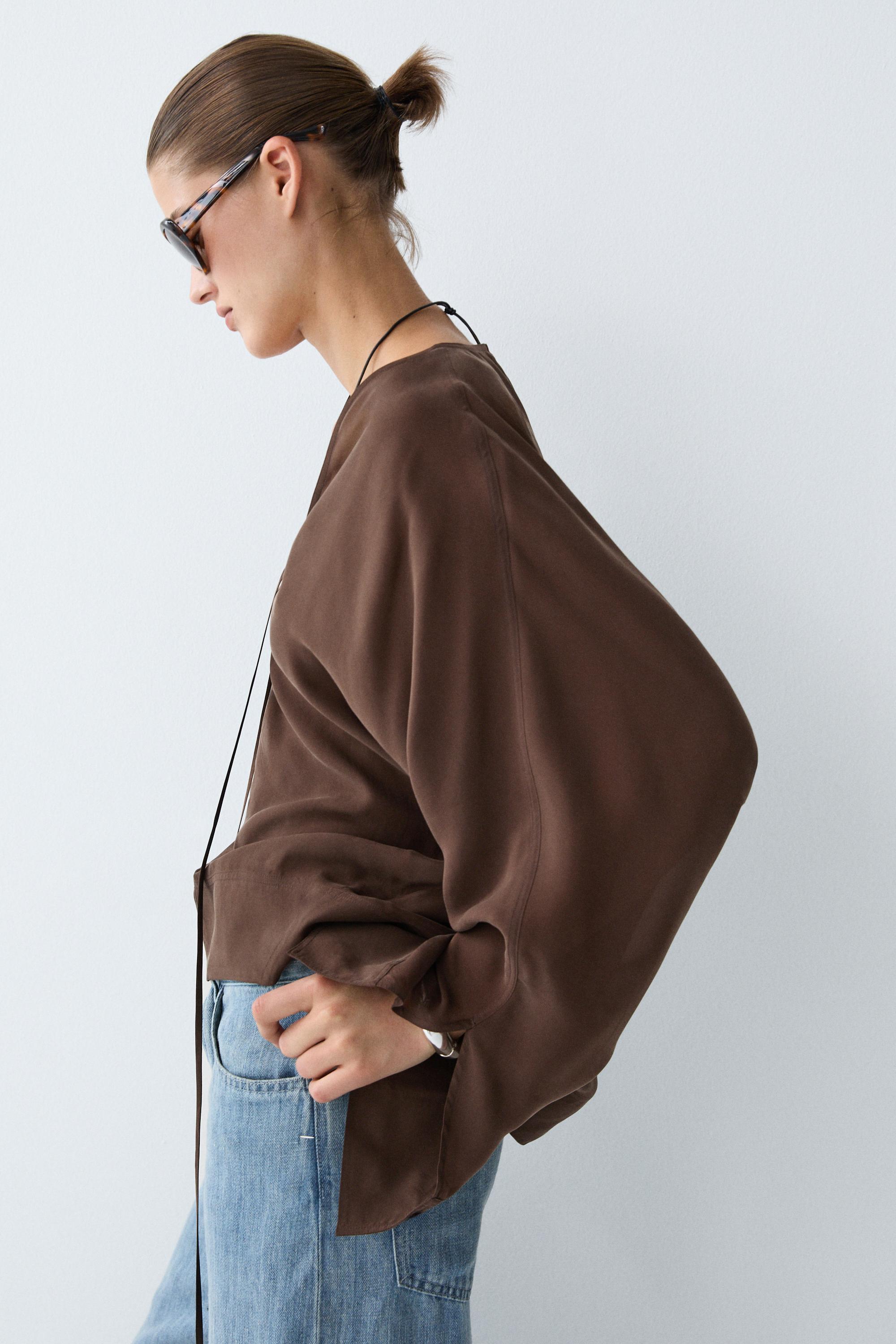 Fluid V-neck tie-front blouse — BROWN