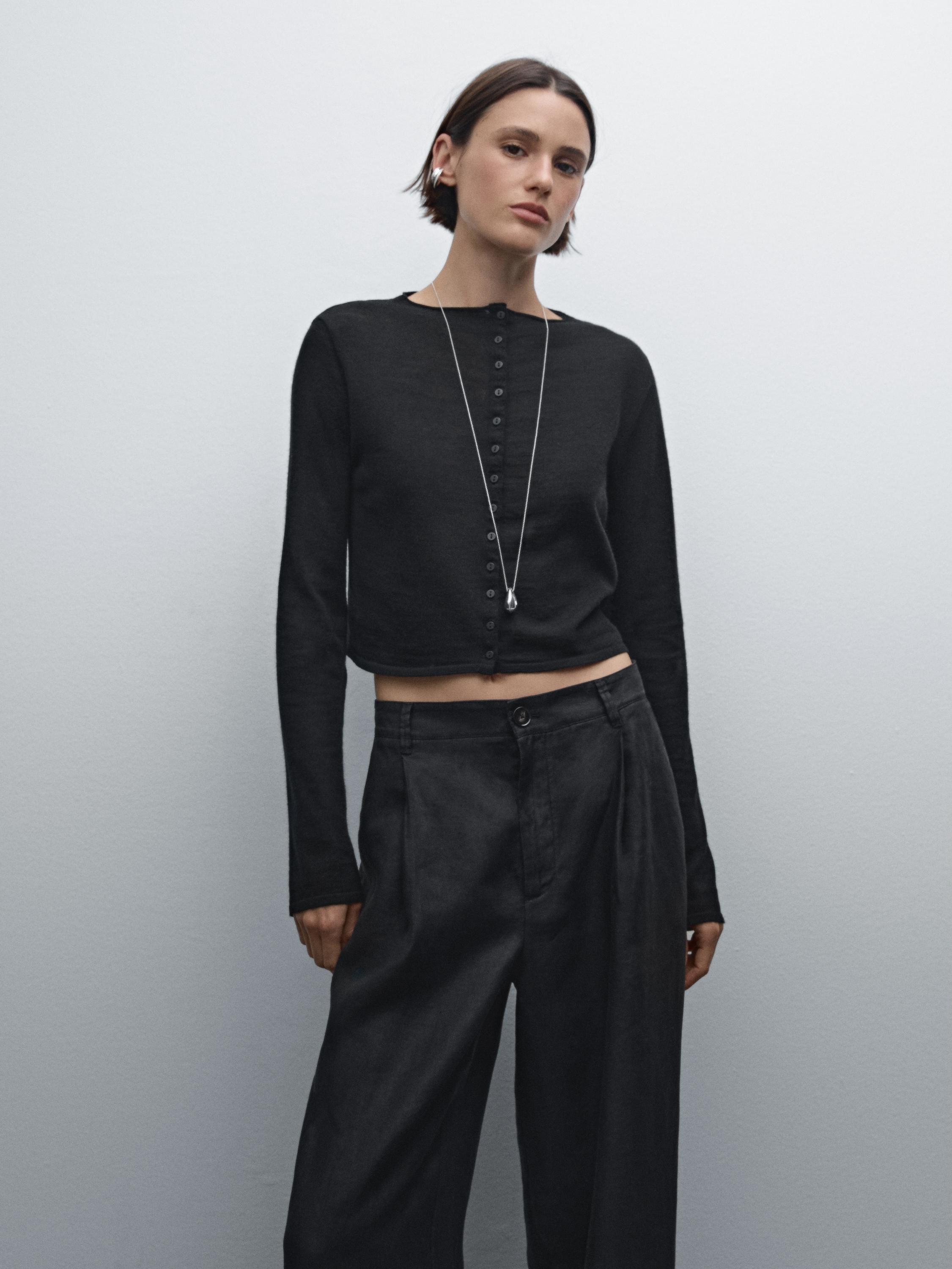 بنطلون كتان 100% بساق عريضة وخصر متوسط