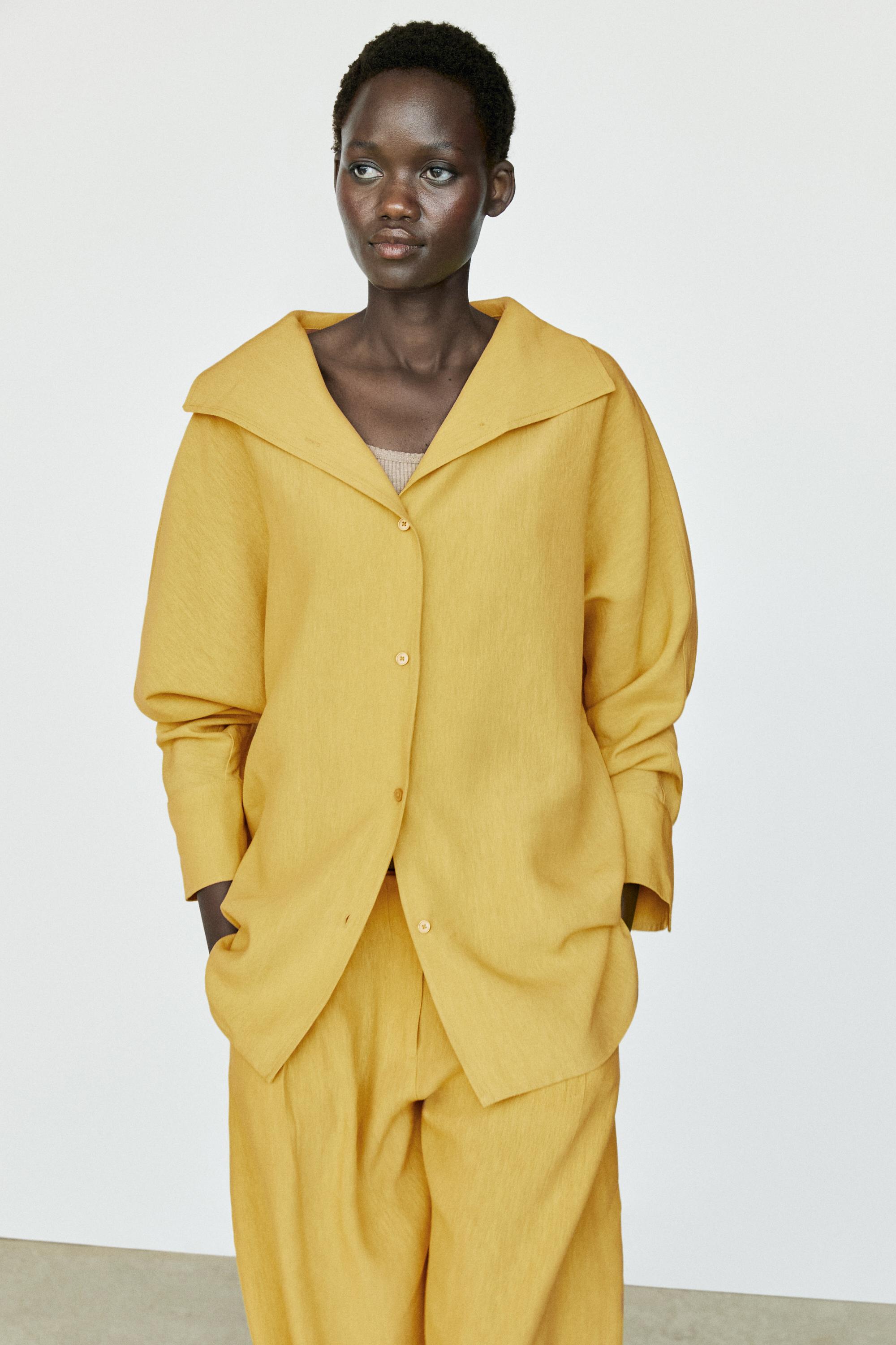 Flowing linen blend shirt with statement collar — MUSTARD YELLOW