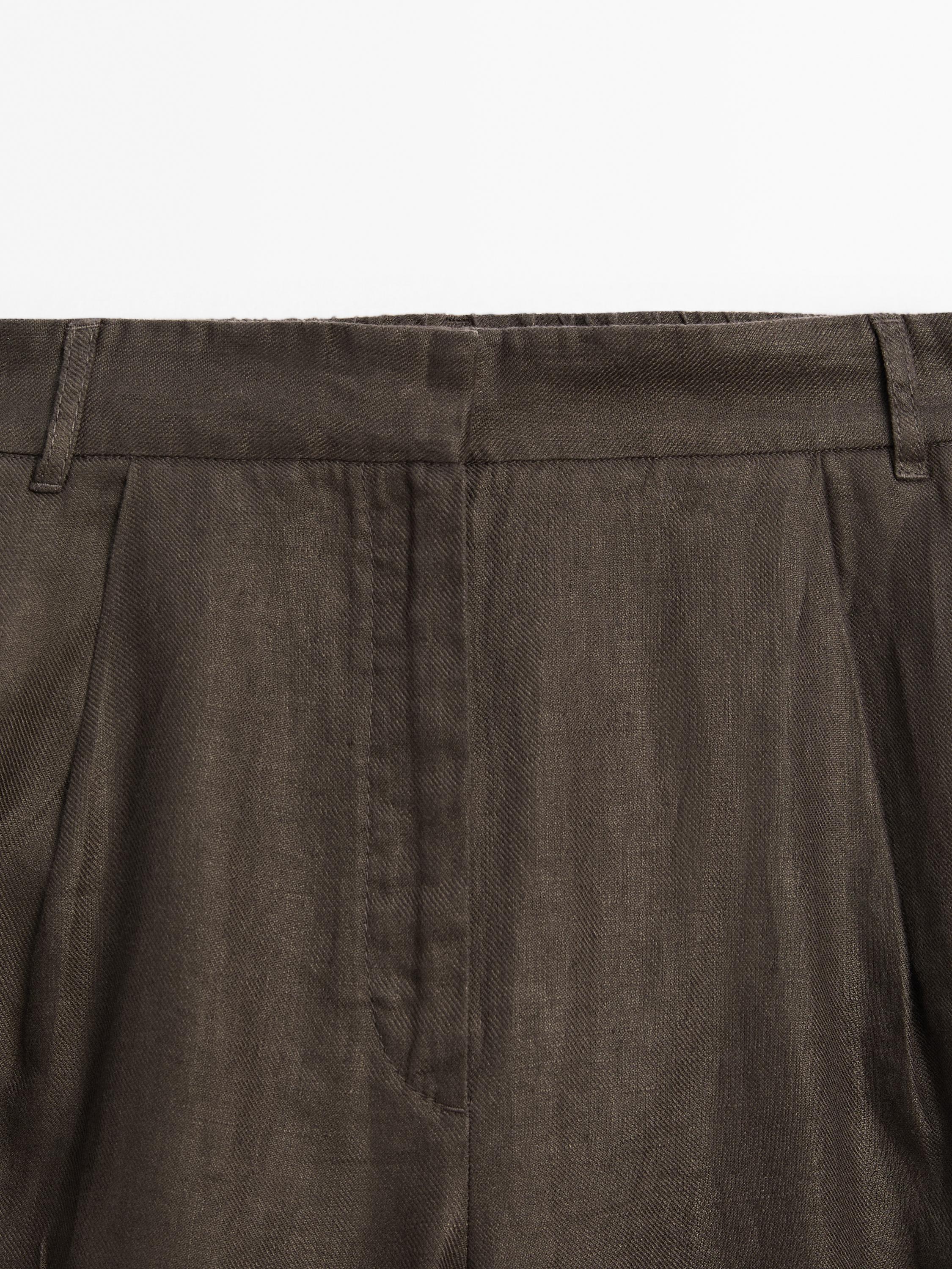 100% linen wide-leg elastic detail trousers