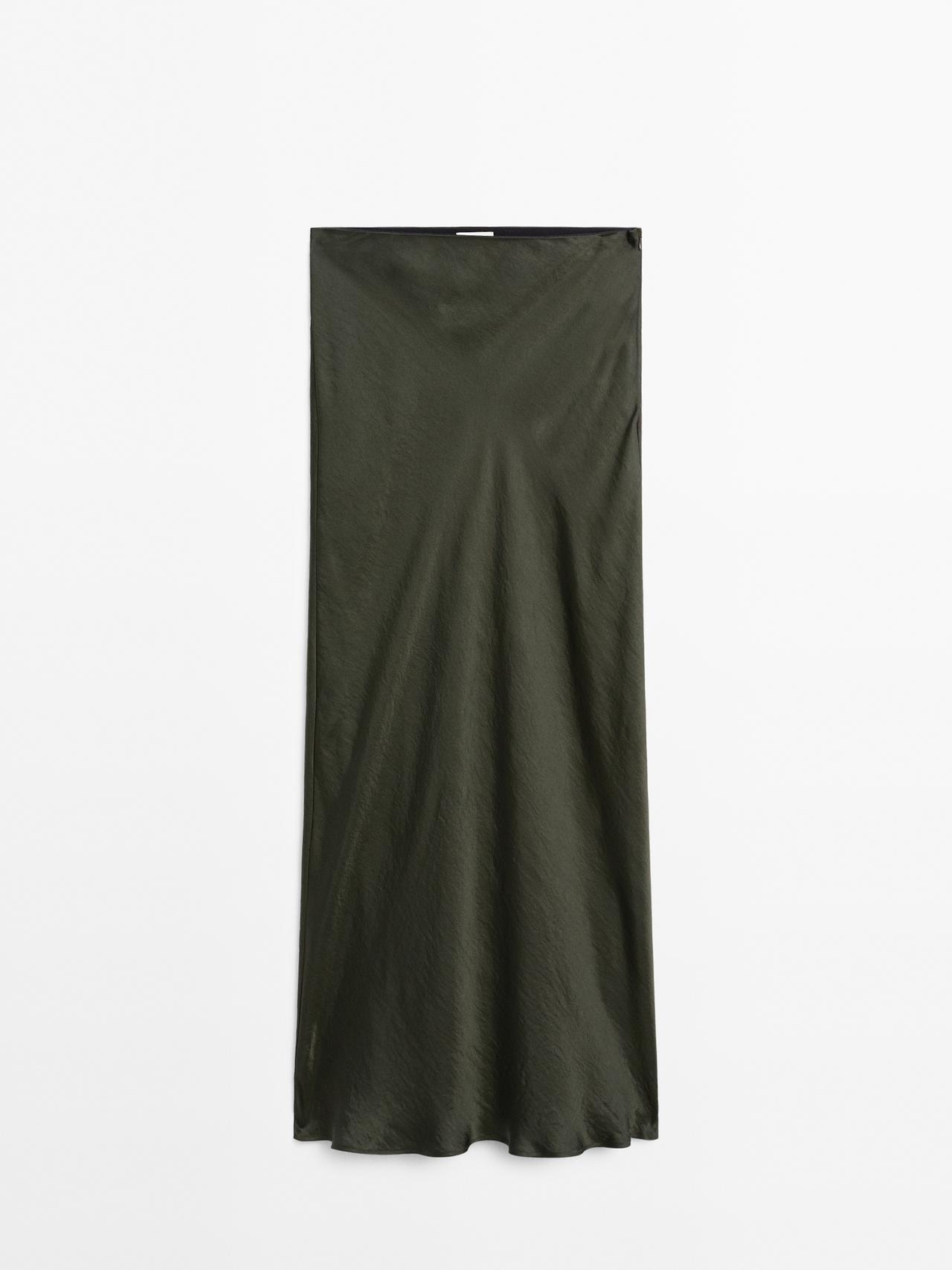 Massimo Dutti - Dame - Lang Satinnederdel - Grøn - 36