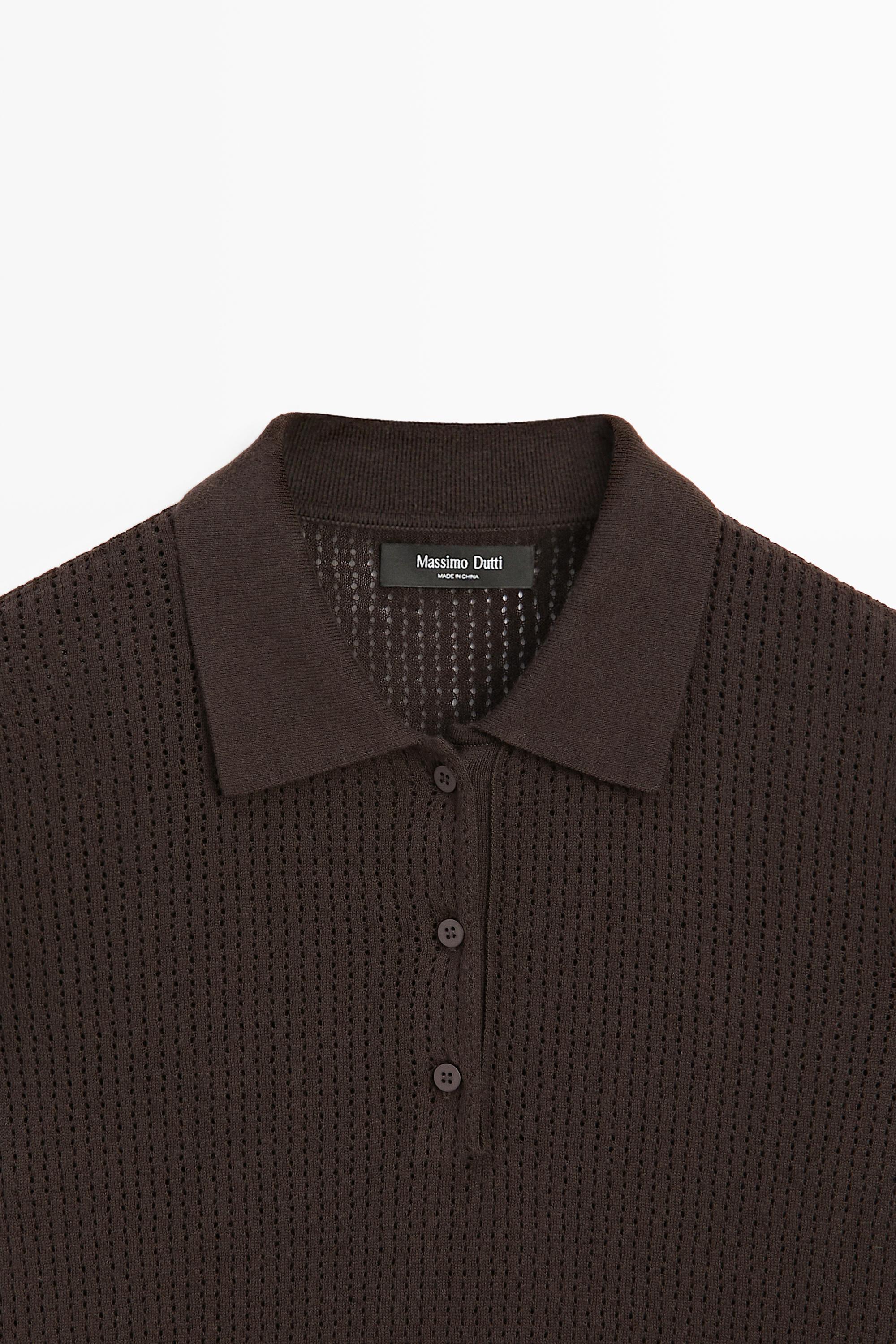 Cotton blend open-knit polo shirt — BROWN