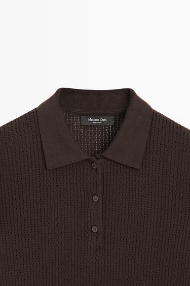 Cotton blend open-knit polo shirt — BROWN 9
