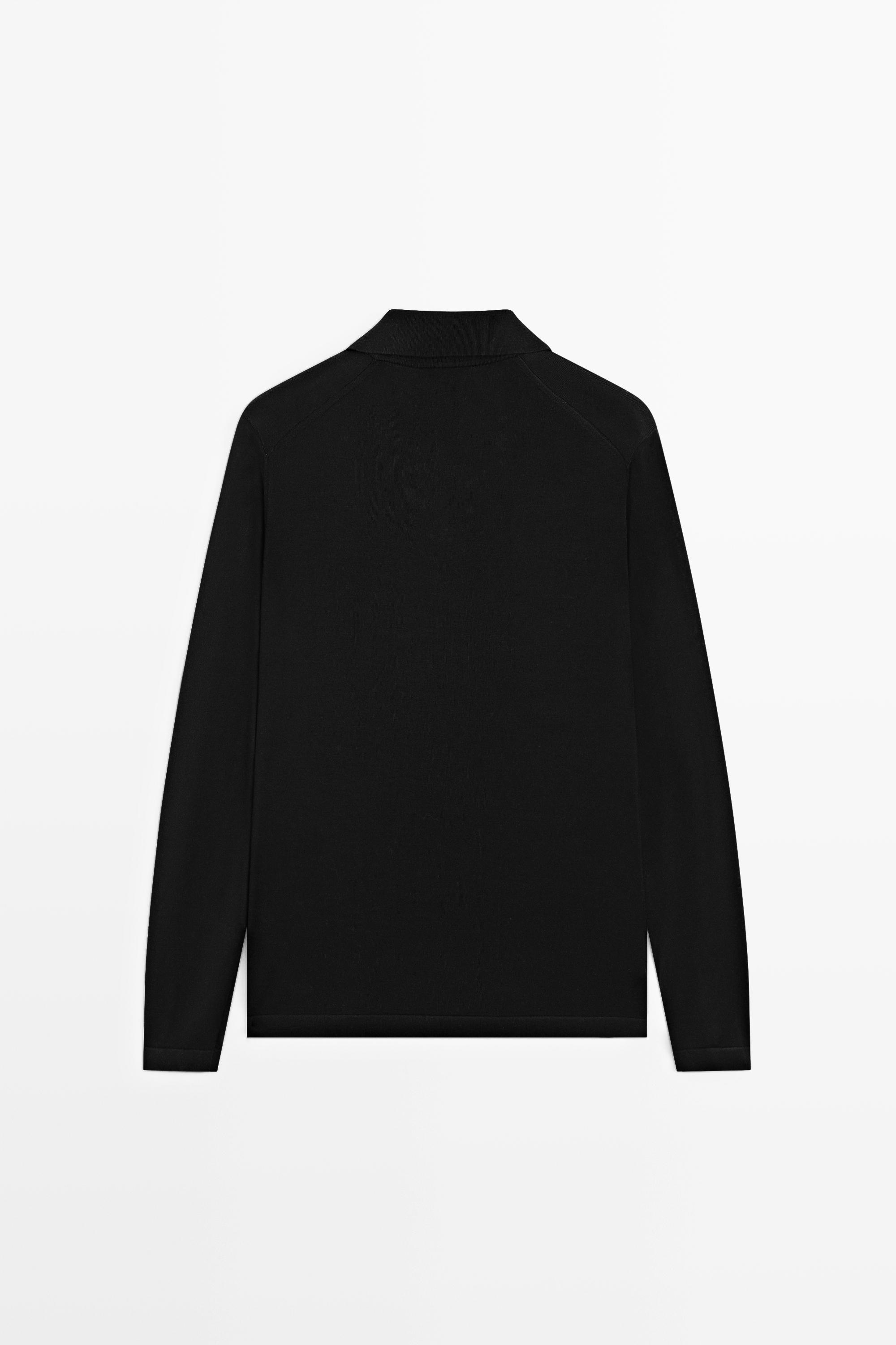 100% merino wool knit polo sweater — BLACK