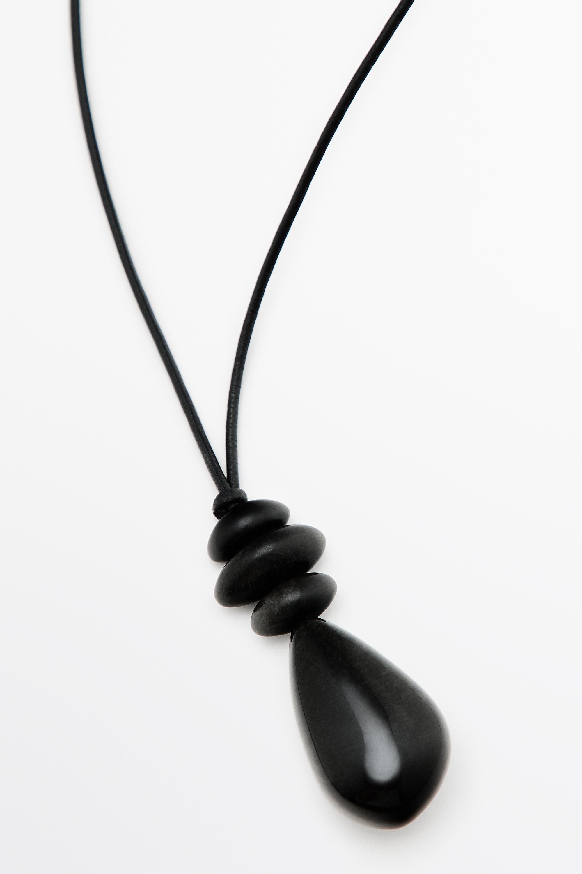 Long leather cord stone necklace — BLACK