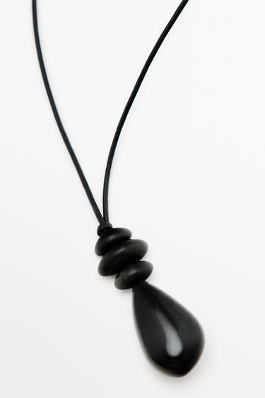 Long leather cord stone necklace — BLACK 4