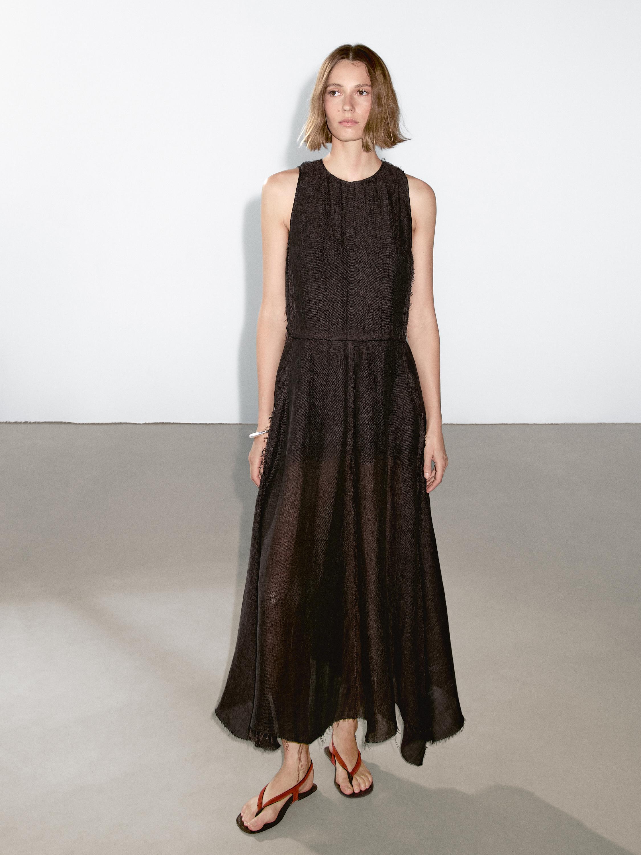 100% linen midi dress with frayed trims