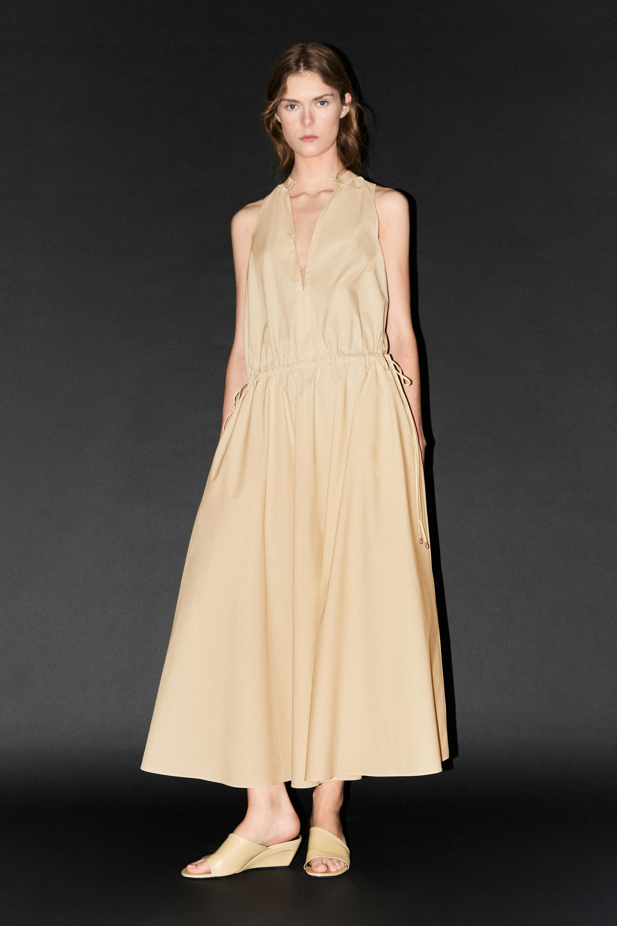 100% cotton midi dress with elasticated waist — PALE YELLOW