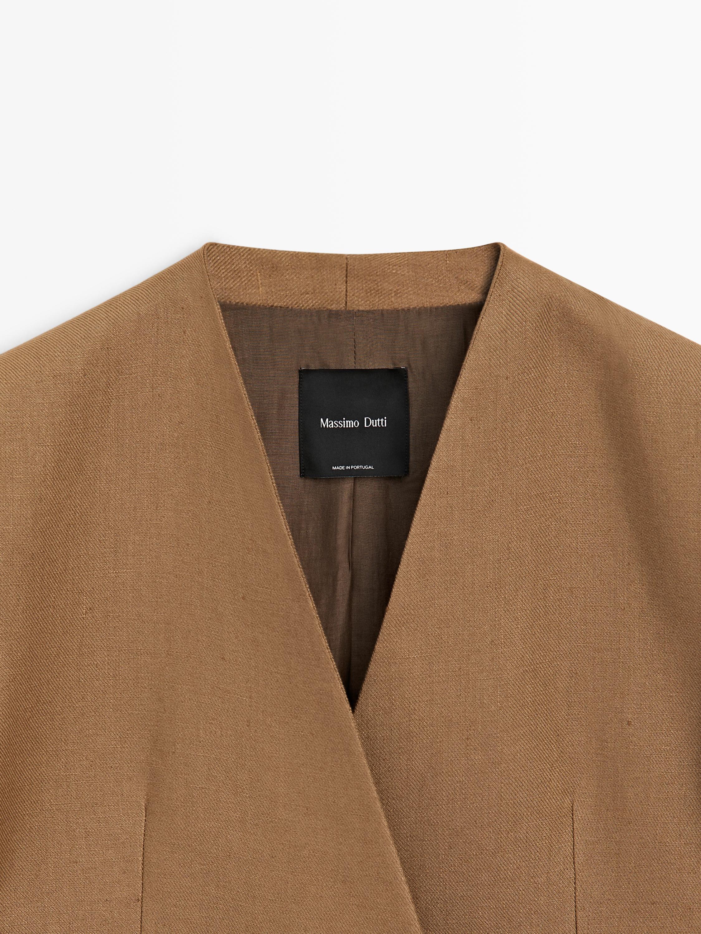 100% linen lapelless double-breasted blazer — CAMEL