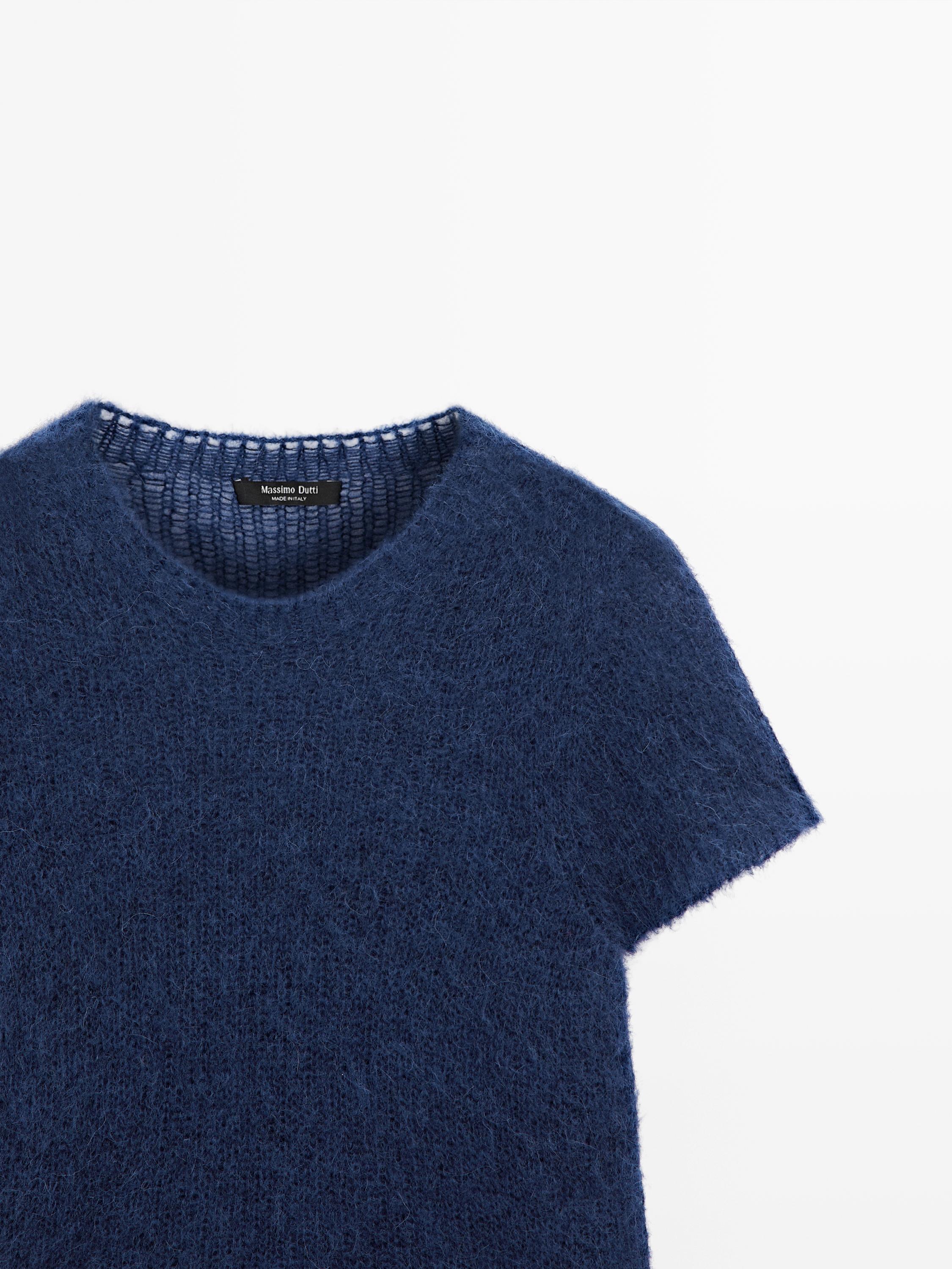 Short sleeve knit alpaca blend sweater — Dark Blue