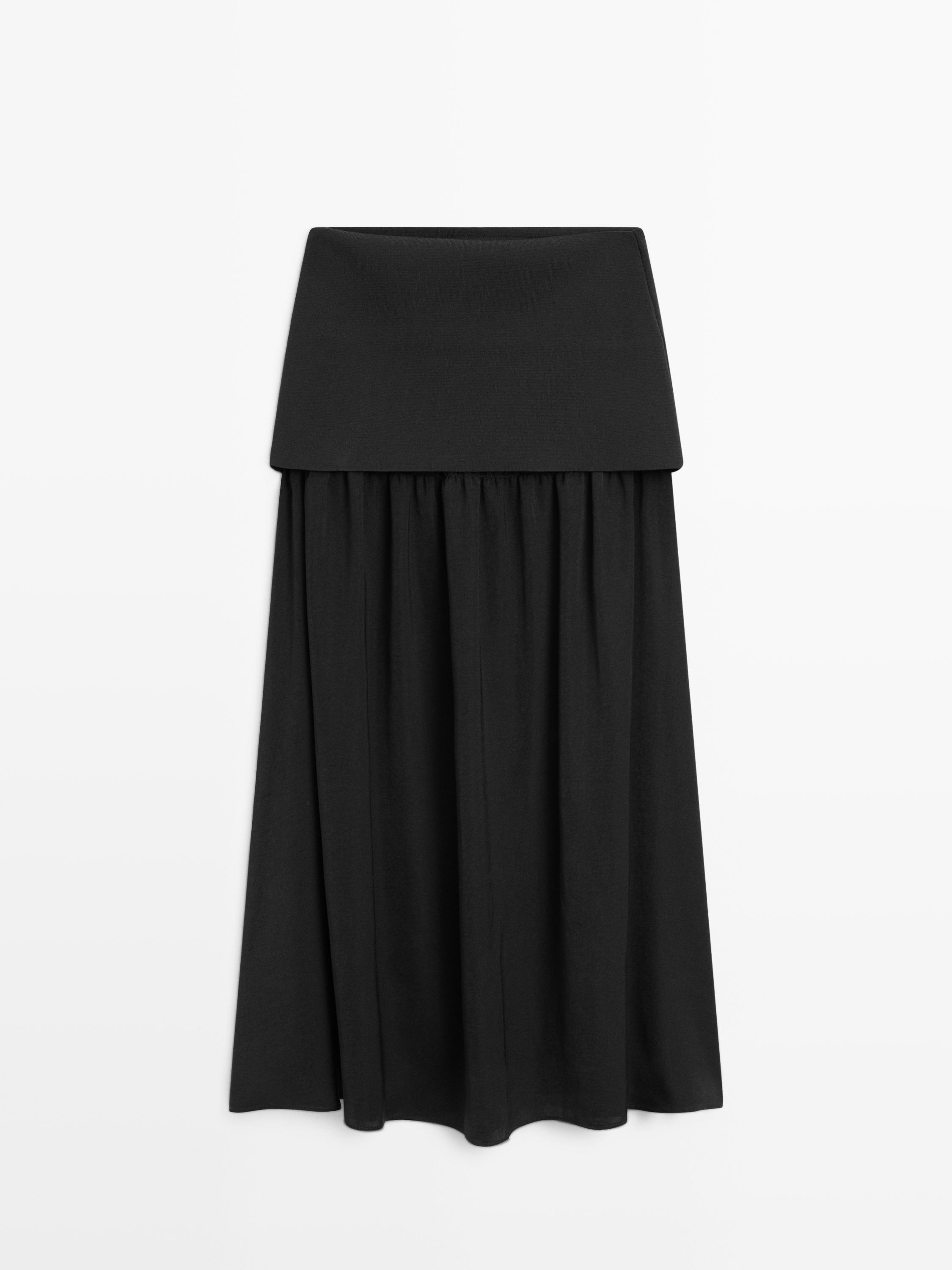 Flowing contrast midi skirt — BLACK