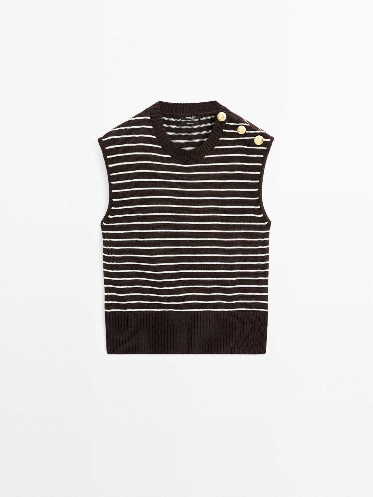 Massimo Dutti - Dame - Stribet Slipover Med Knapdetaljer - Chokolade - L