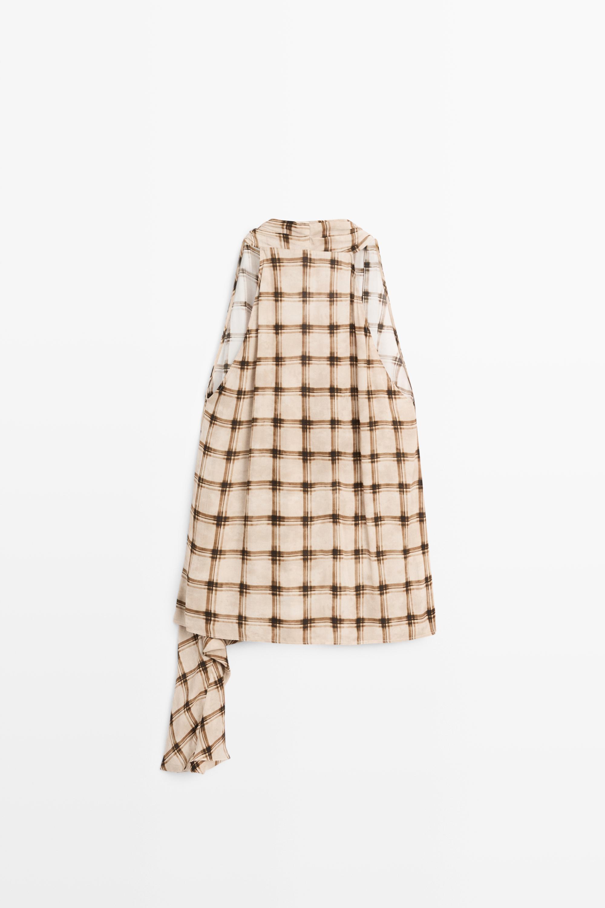 Flowing check print surplice top — BROWN