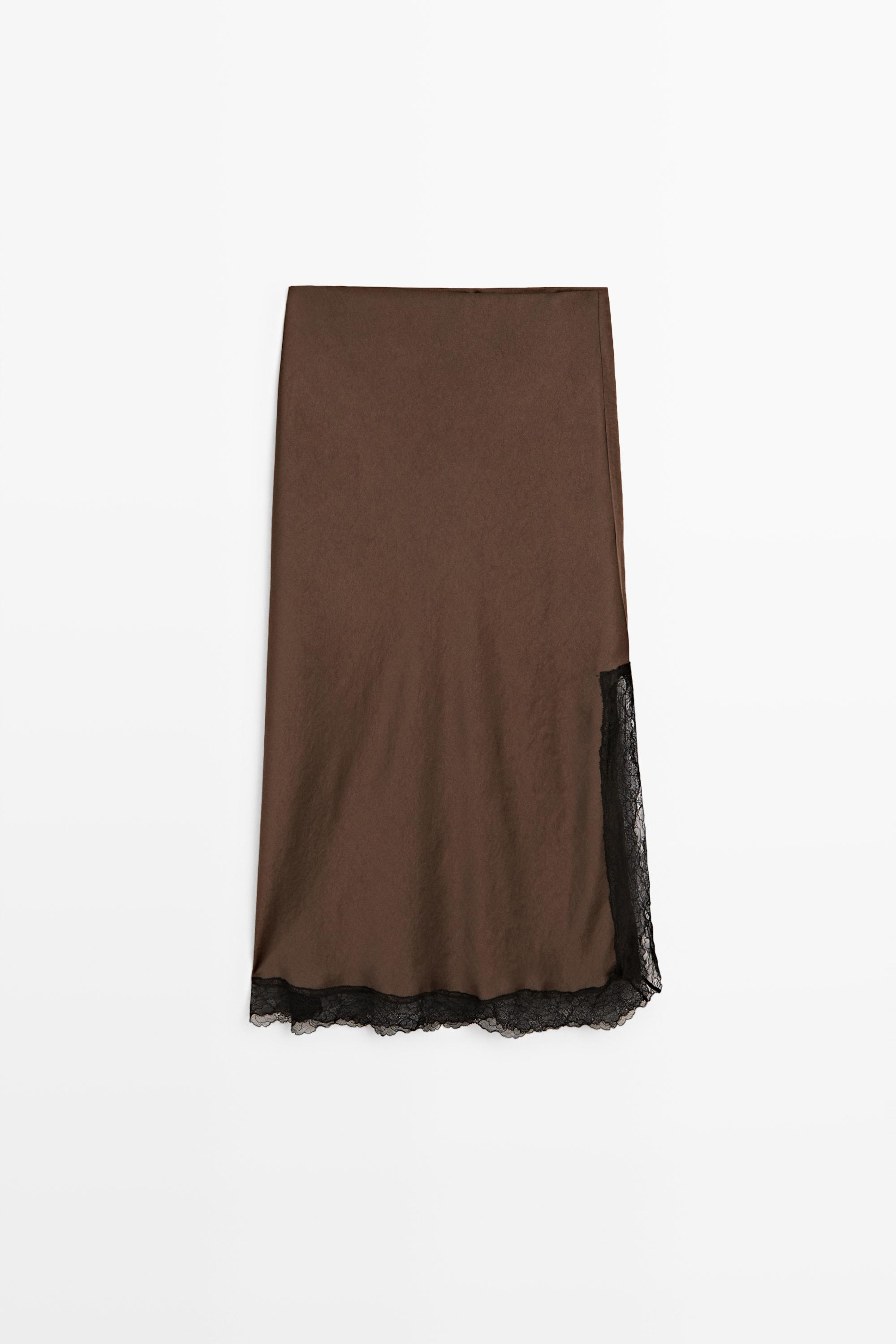 Lace-trimmed midi skirt — BROWN MARL