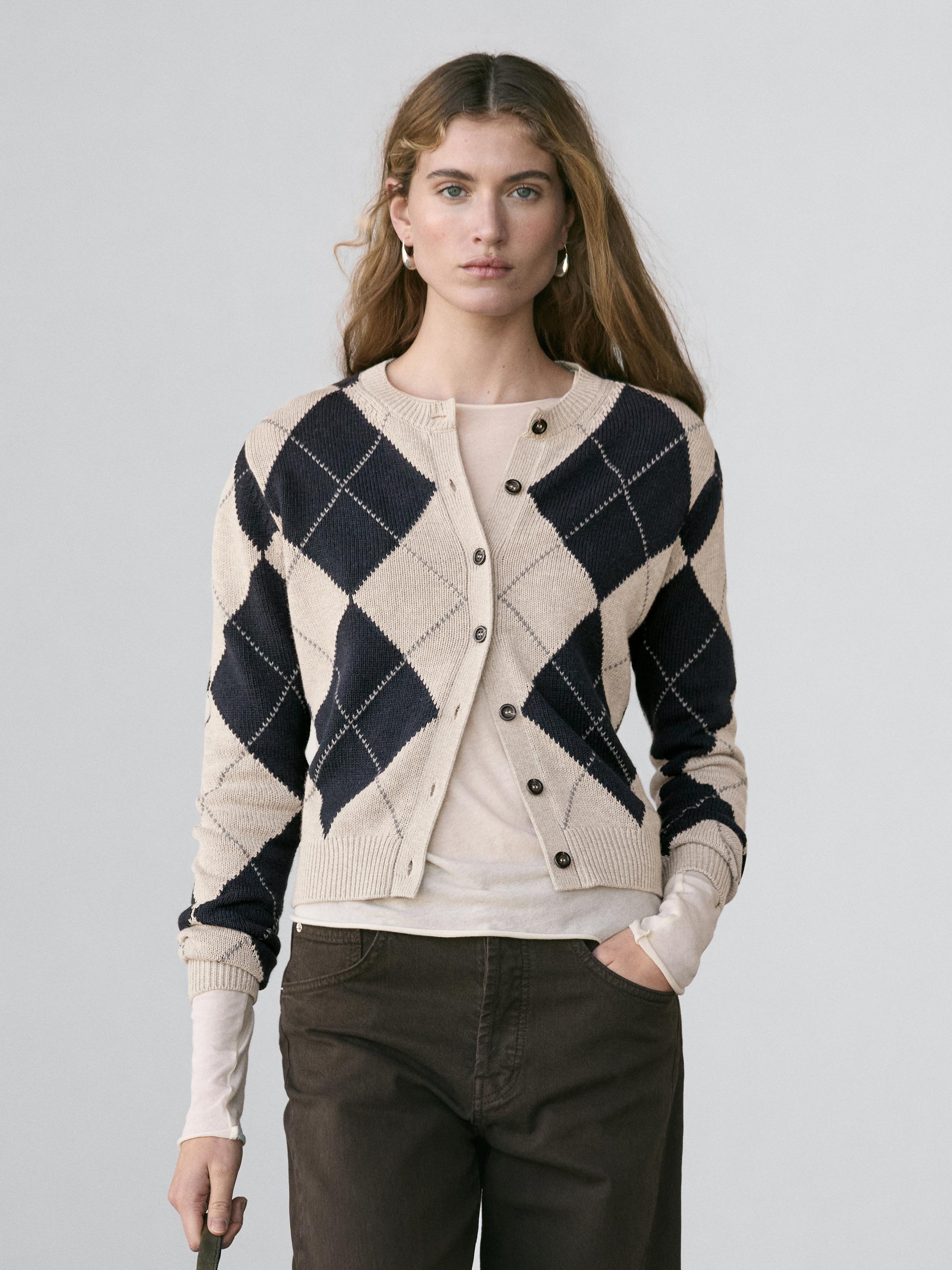 Cotton blend argyle knit cardigan · Navy Blue · Cardigan | Massimo