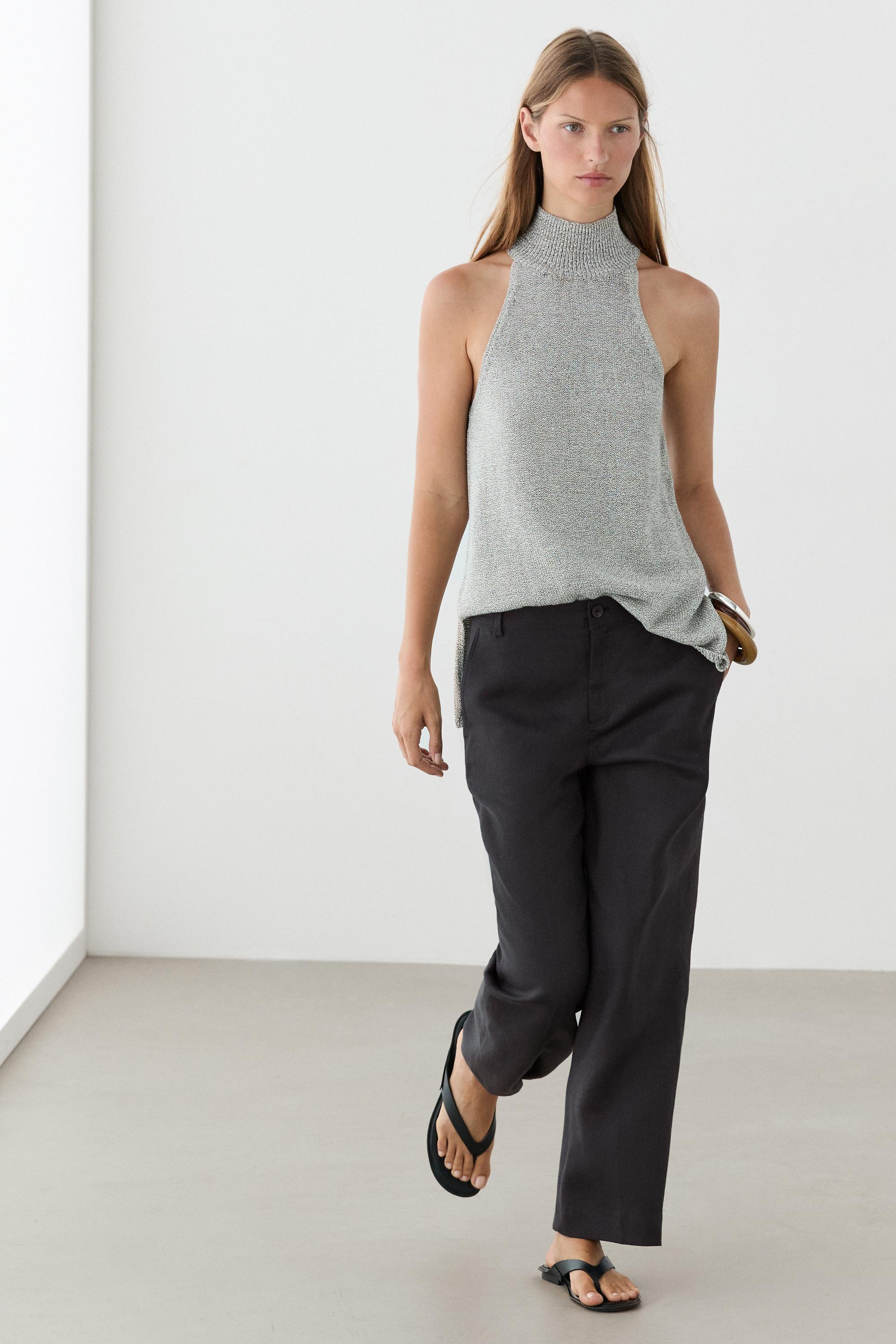 Kick flare cropped linen trousers — NAVY BLUE