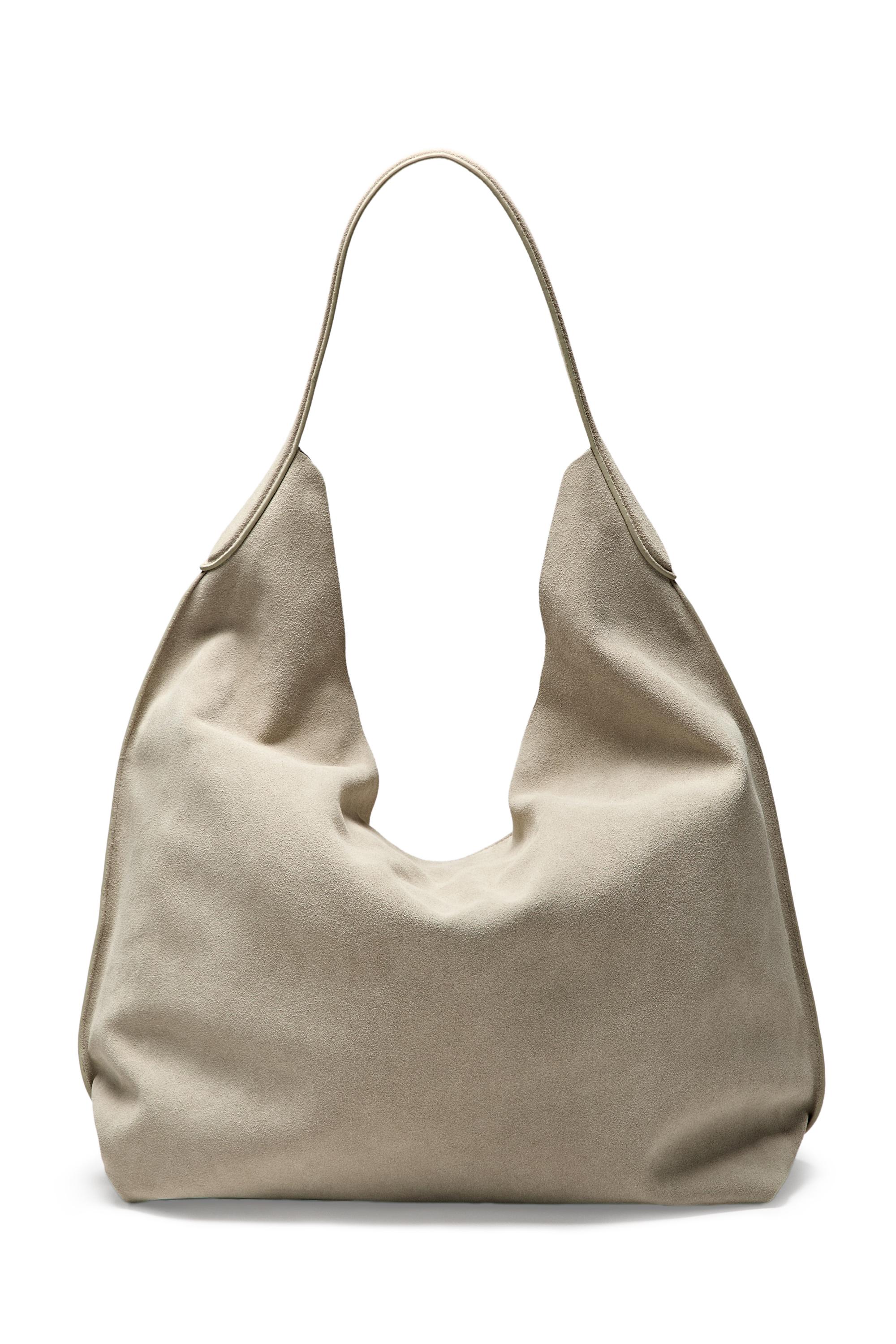 Maxi split suede leather shoulder bag — Ecru