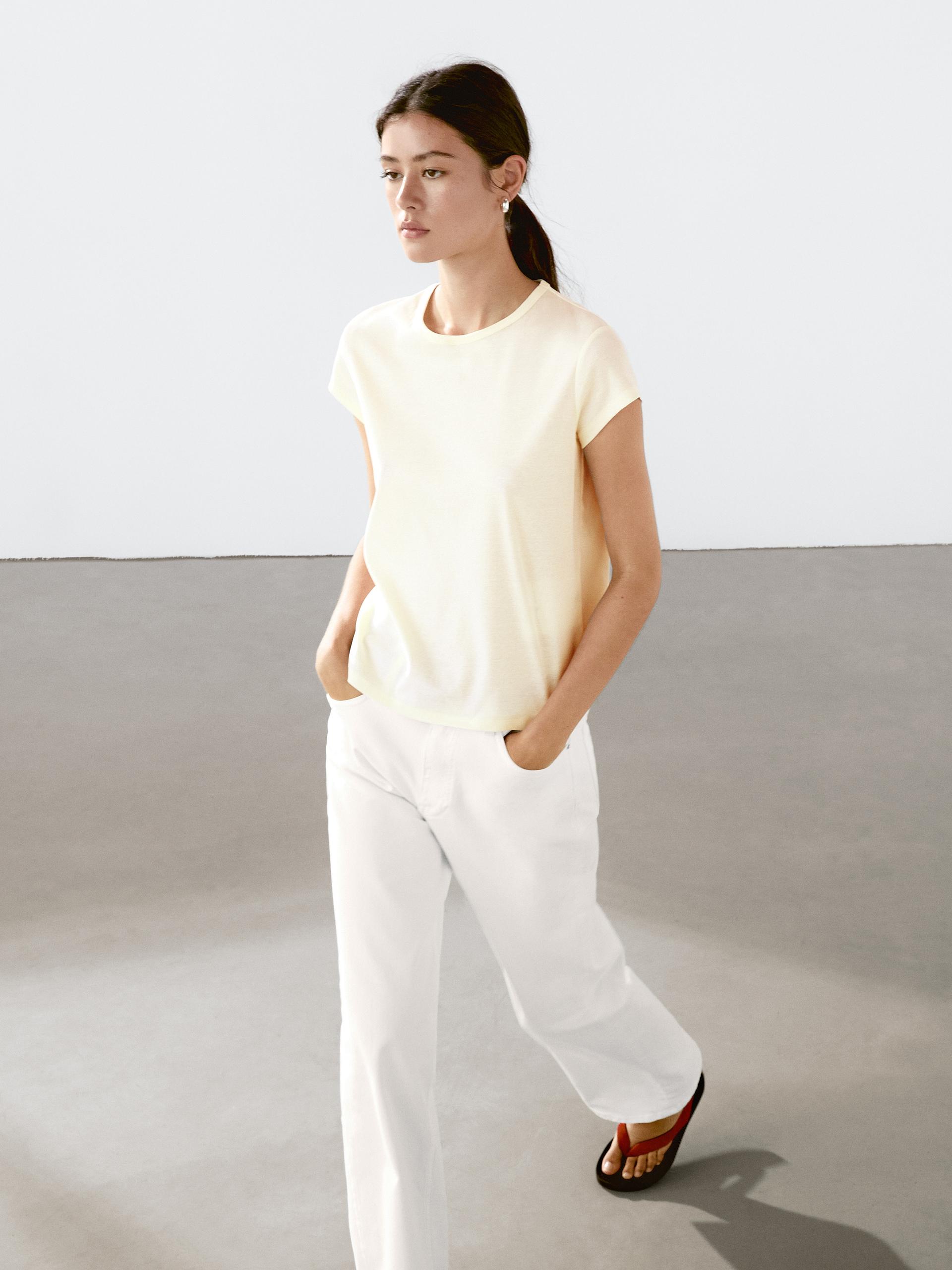 Maglietta A Maniche Corte 100% Cotone Mercerizzato - Giallo Chiaro - M - Massimo Dutti - Femminile