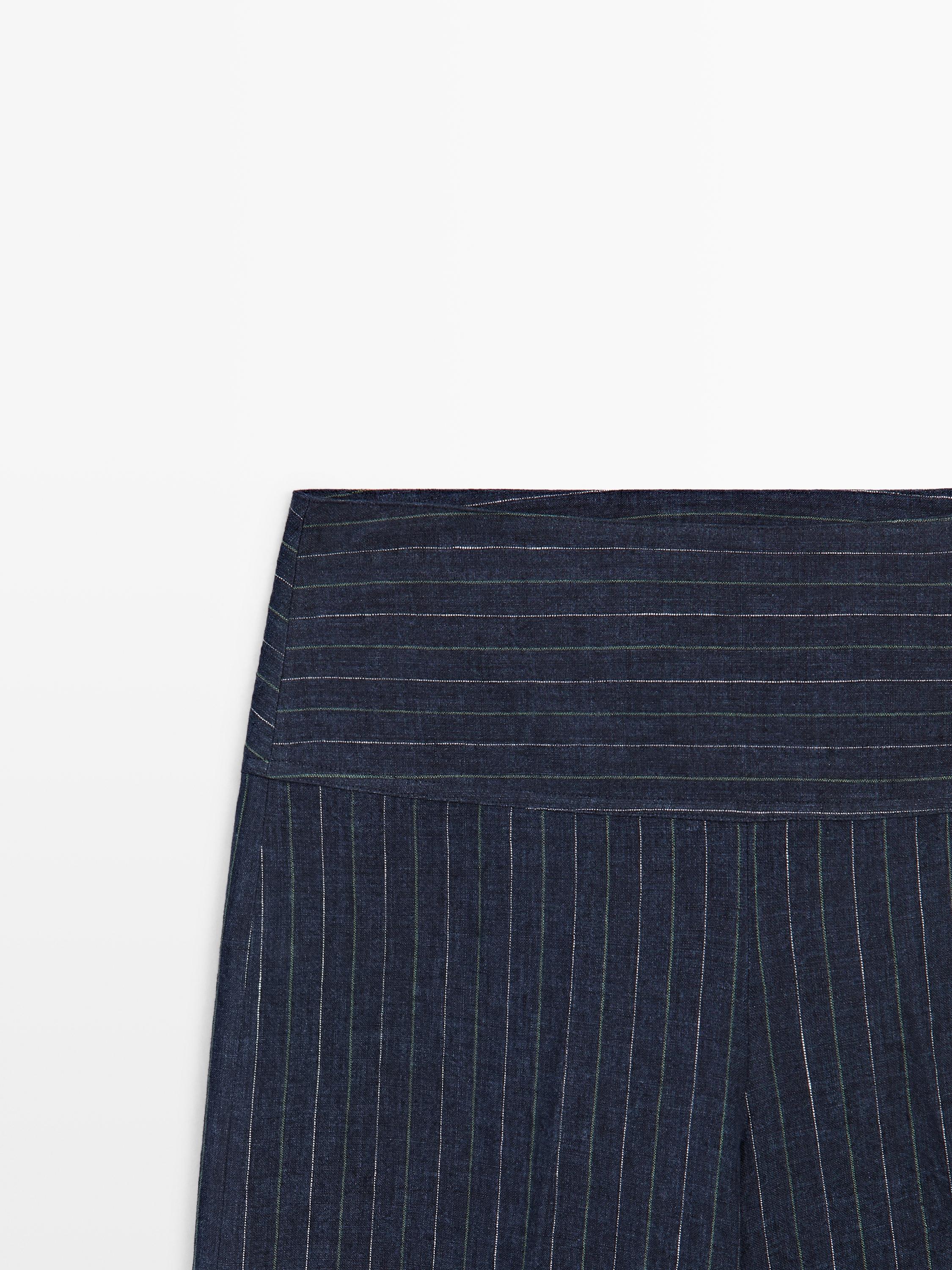 100% linen mid-waist flare pants — NAVY BLUE