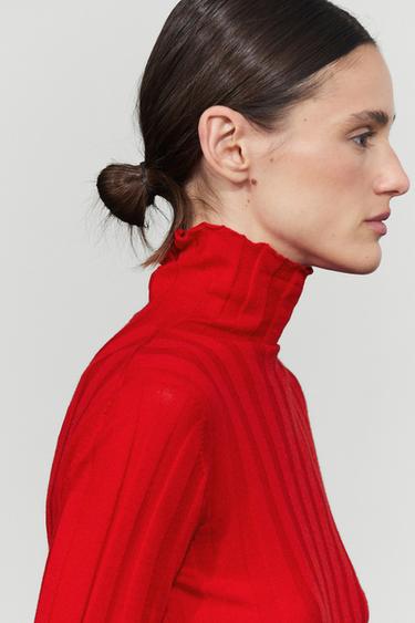 Ribbed high neck knit sweater — RED 8