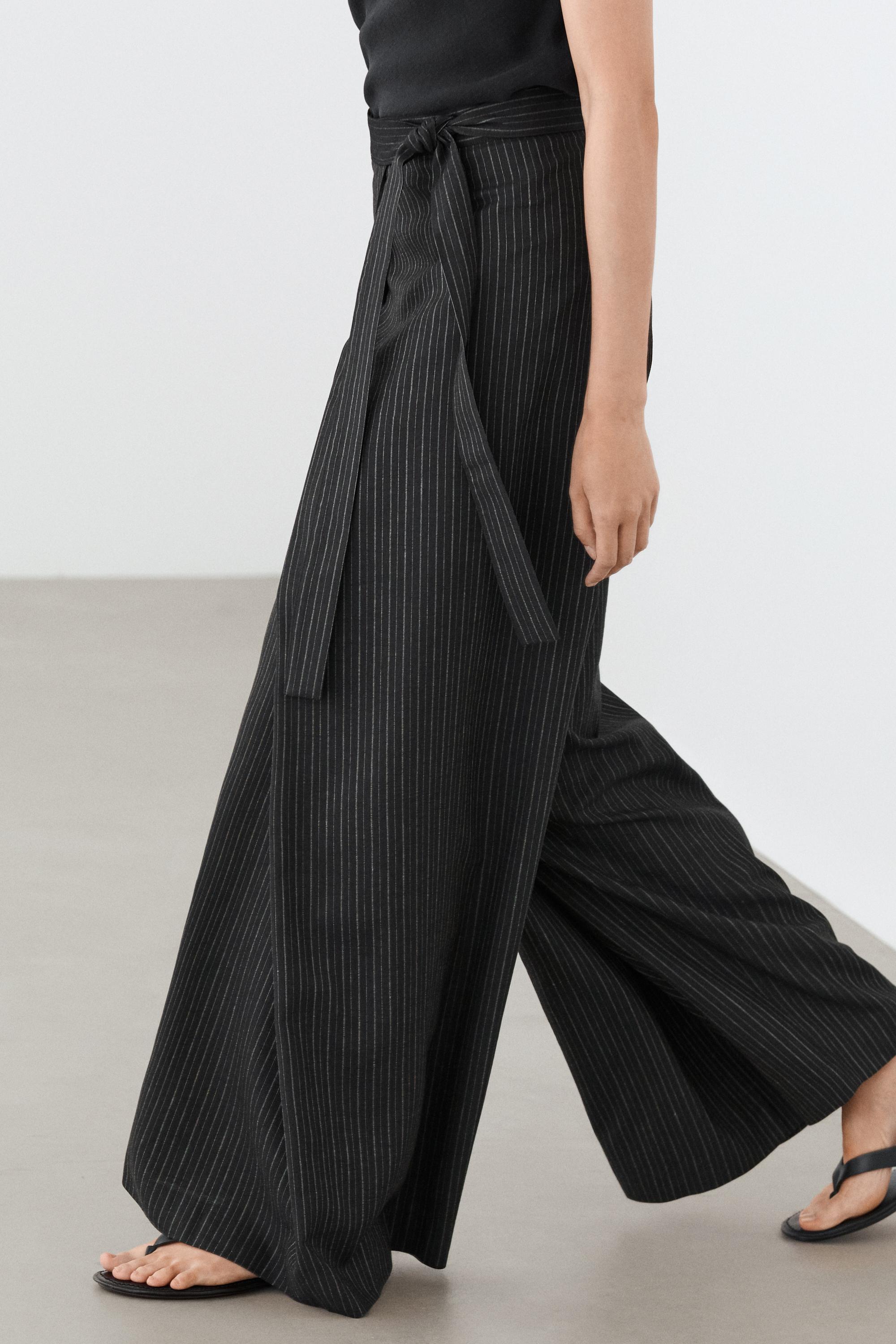 Striped trousers with wrap-style bow detail — BLACK