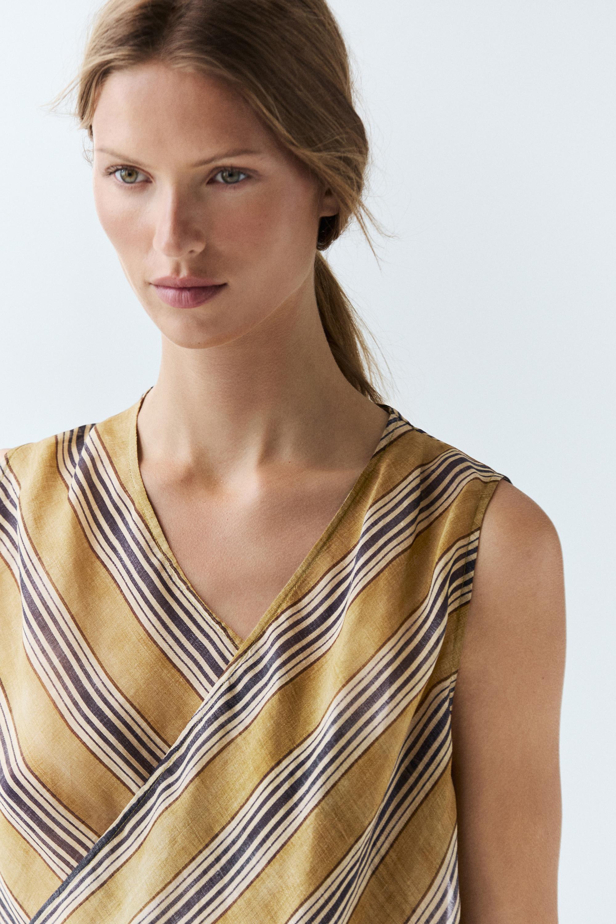 Flowing striped ramie blend wrap top — DARK YELLOW