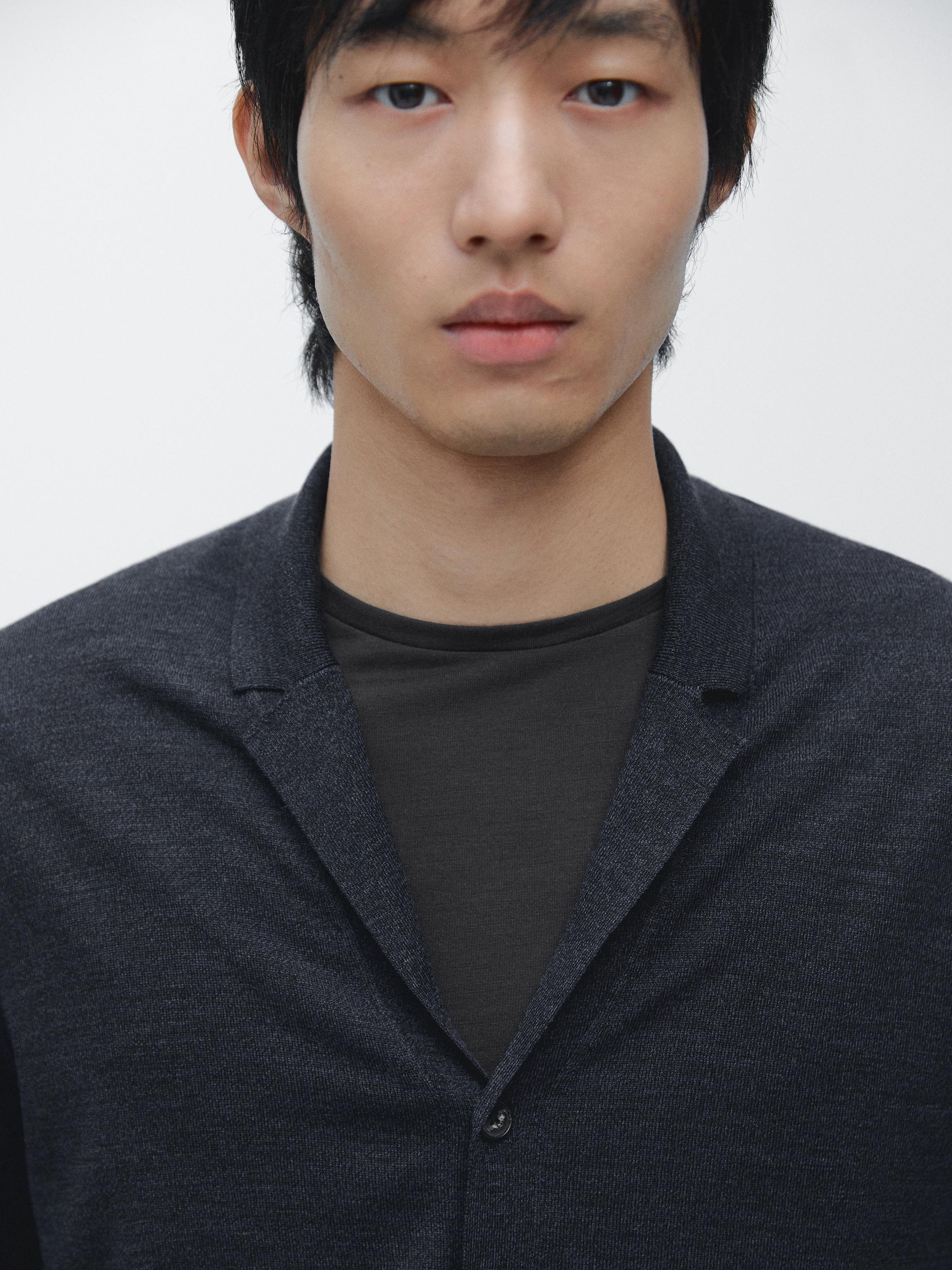 Wool blend knit cardigan with lapel collar — DARK NAVY