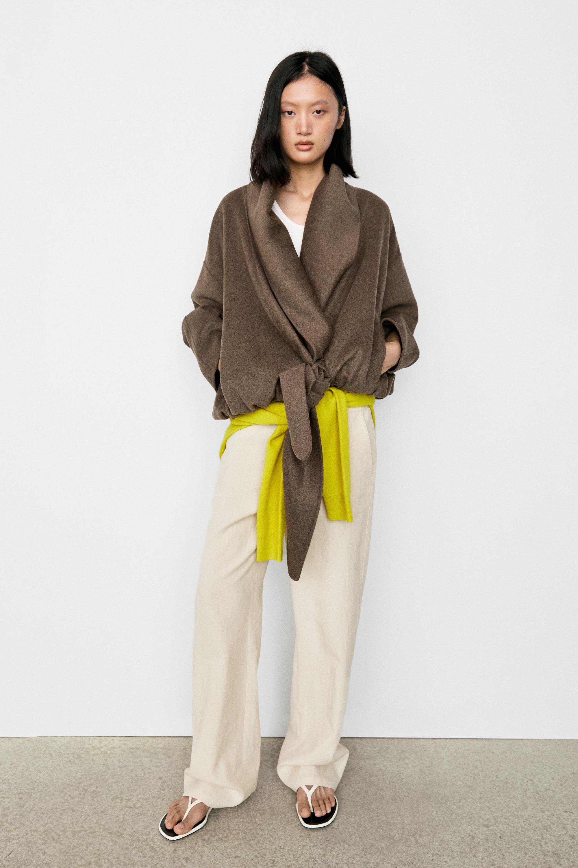 Wrap-style melange wool blend jacket — MOLE BROWN