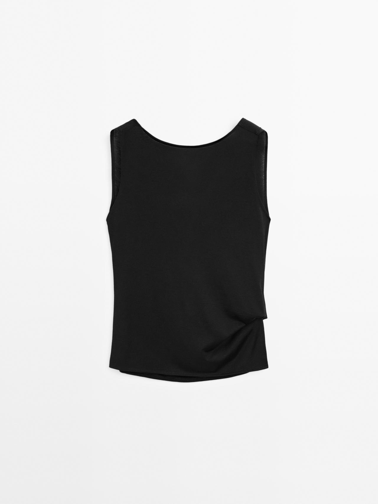 Massimo Dutti - Dame - Top I 100 % Bomuld Med Draperet Dyb Udskæring Bagpå - Sort - Xs