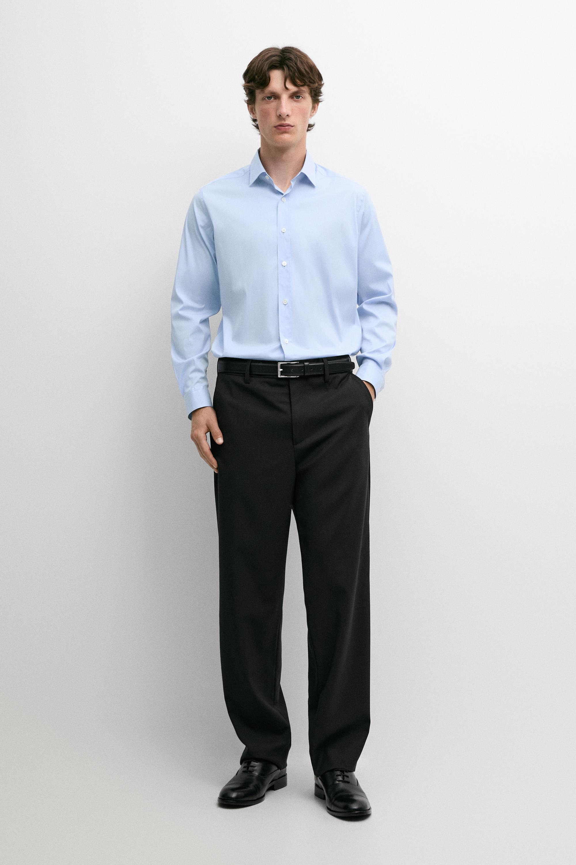 Slim fit stretch cotton blend shirt — Sky blue