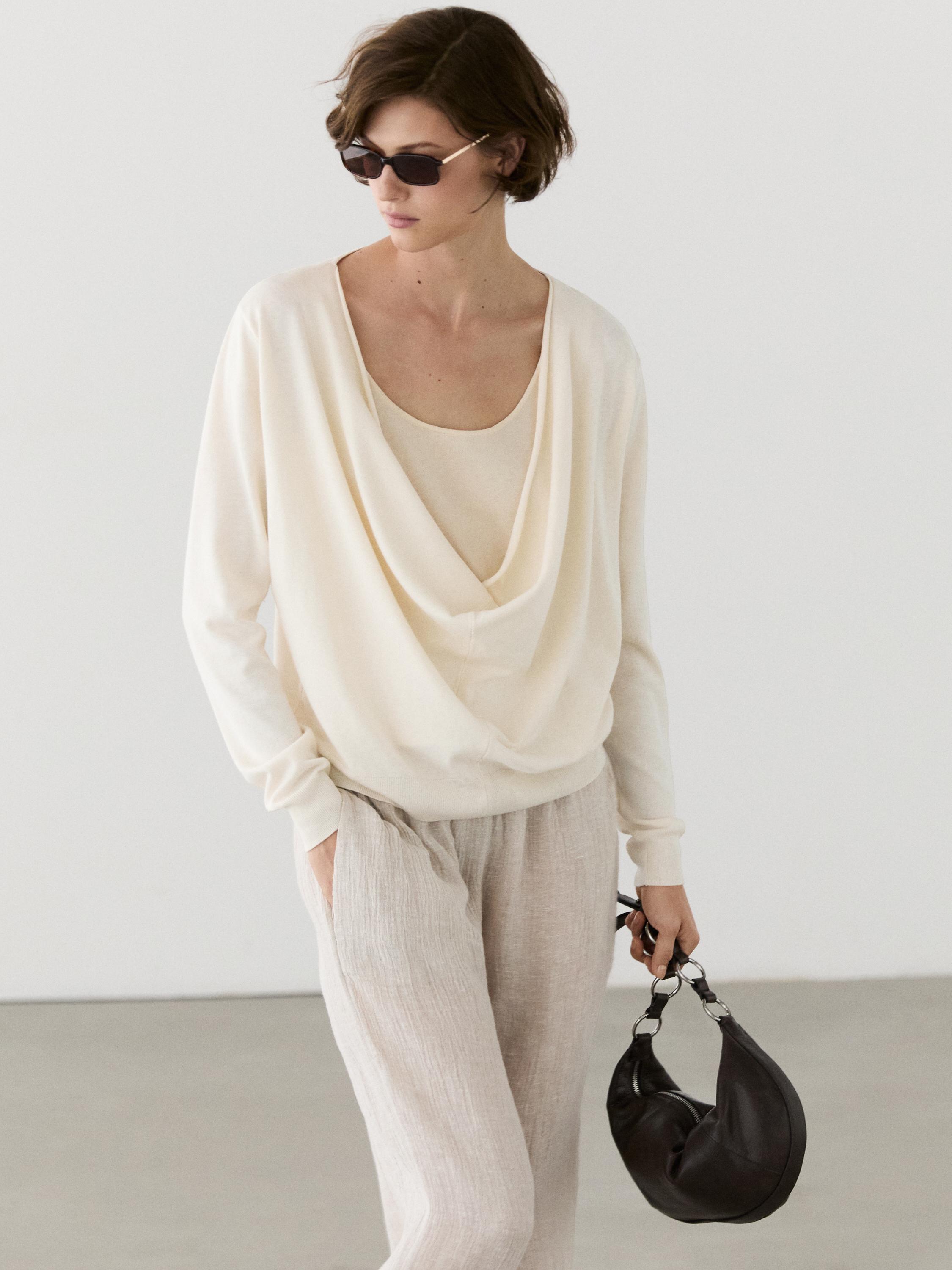 Draped neckline cotton sweater — CREAM