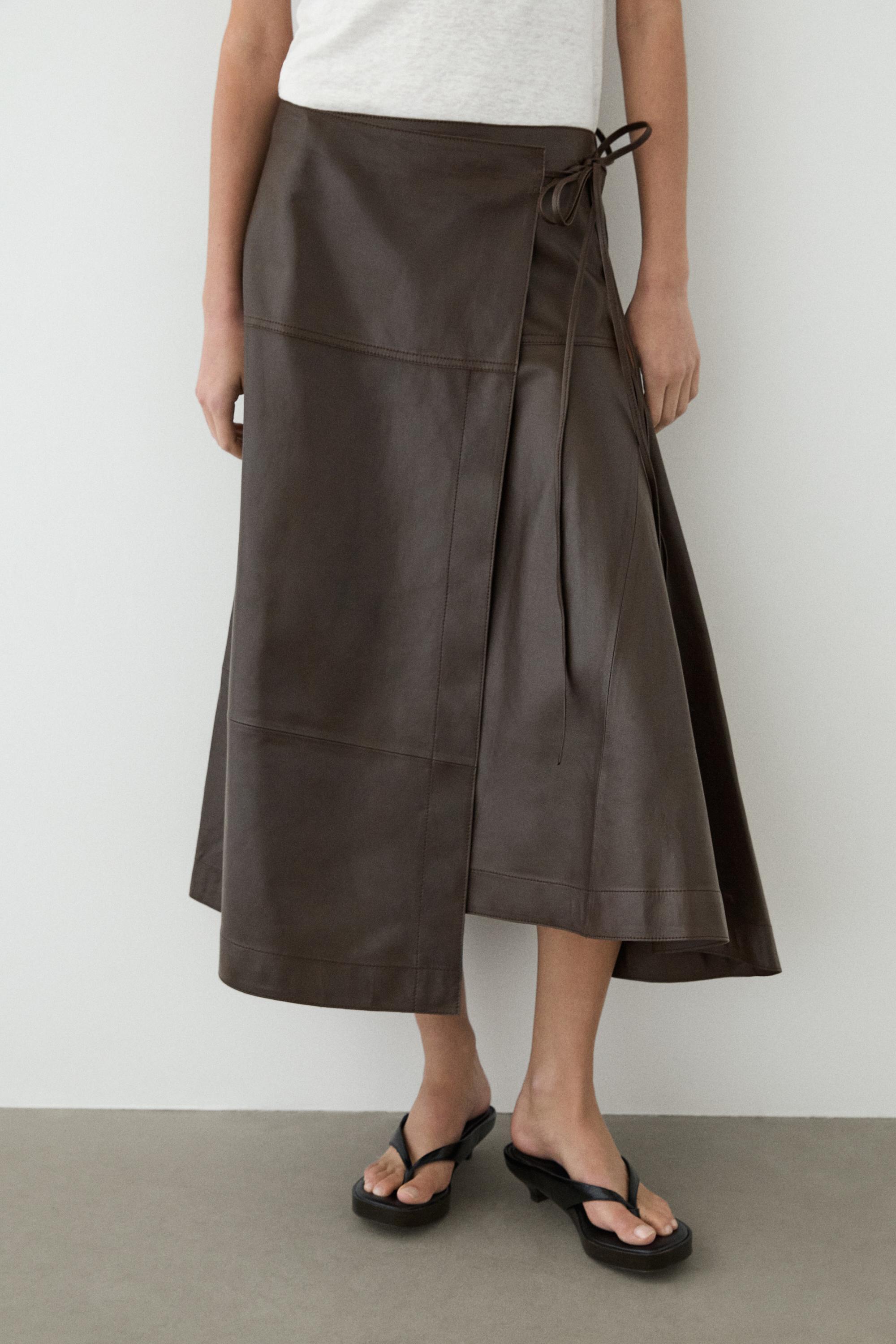 Nappa leather midi skirt with tie detail — BROWN