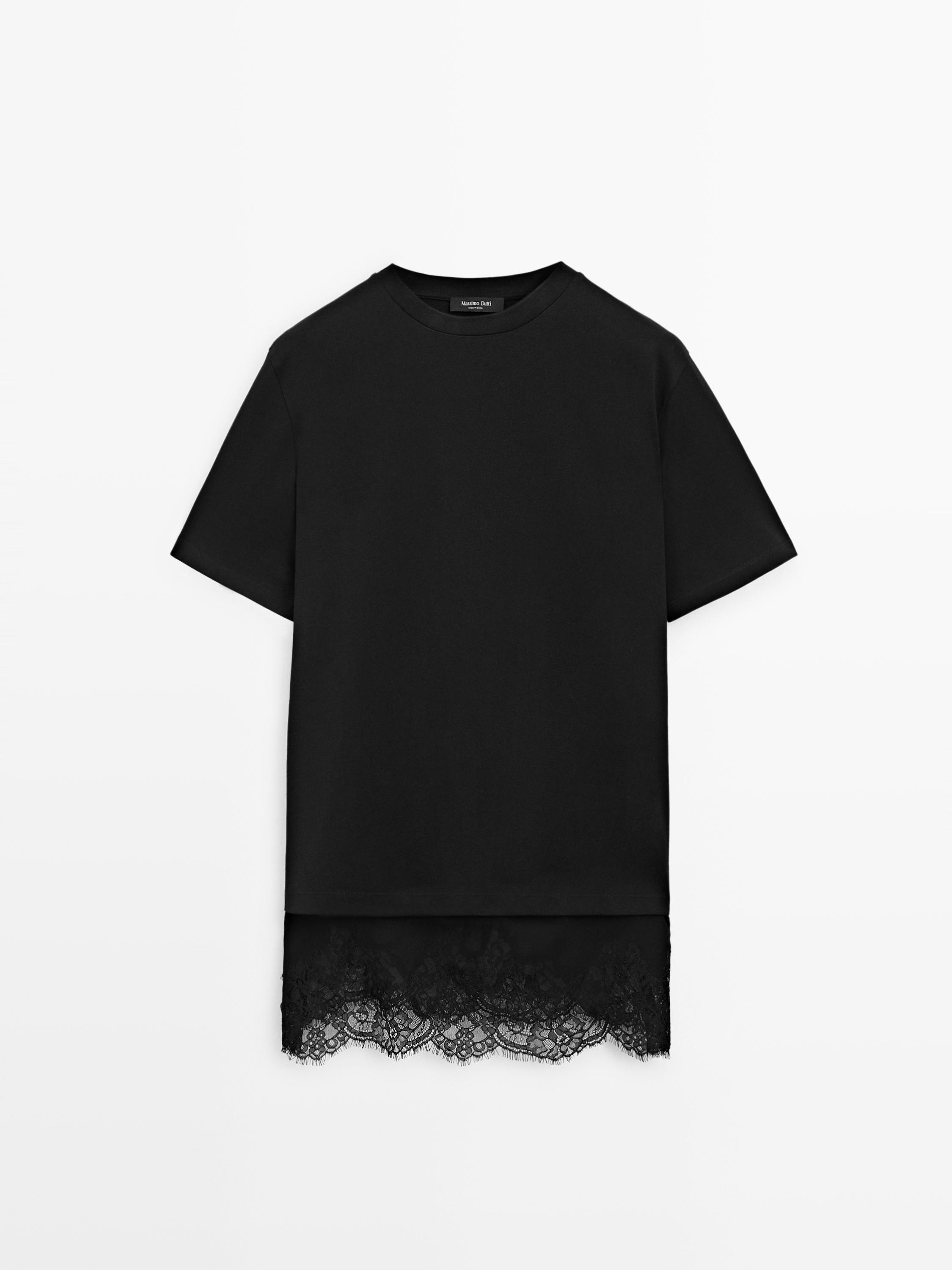 Short sleeve T-shirt with lace detail — BLACK