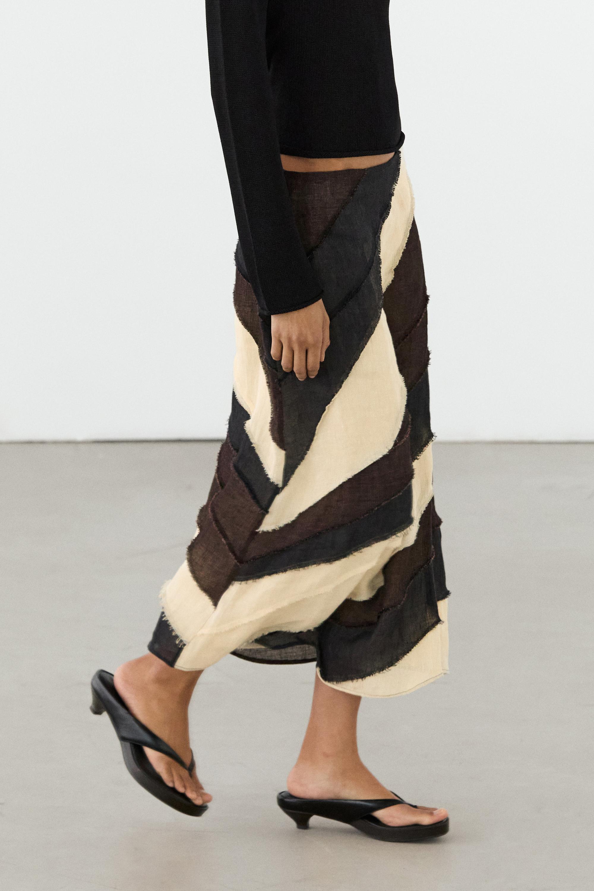 Layered contrast linen midi skirt — BROWN
