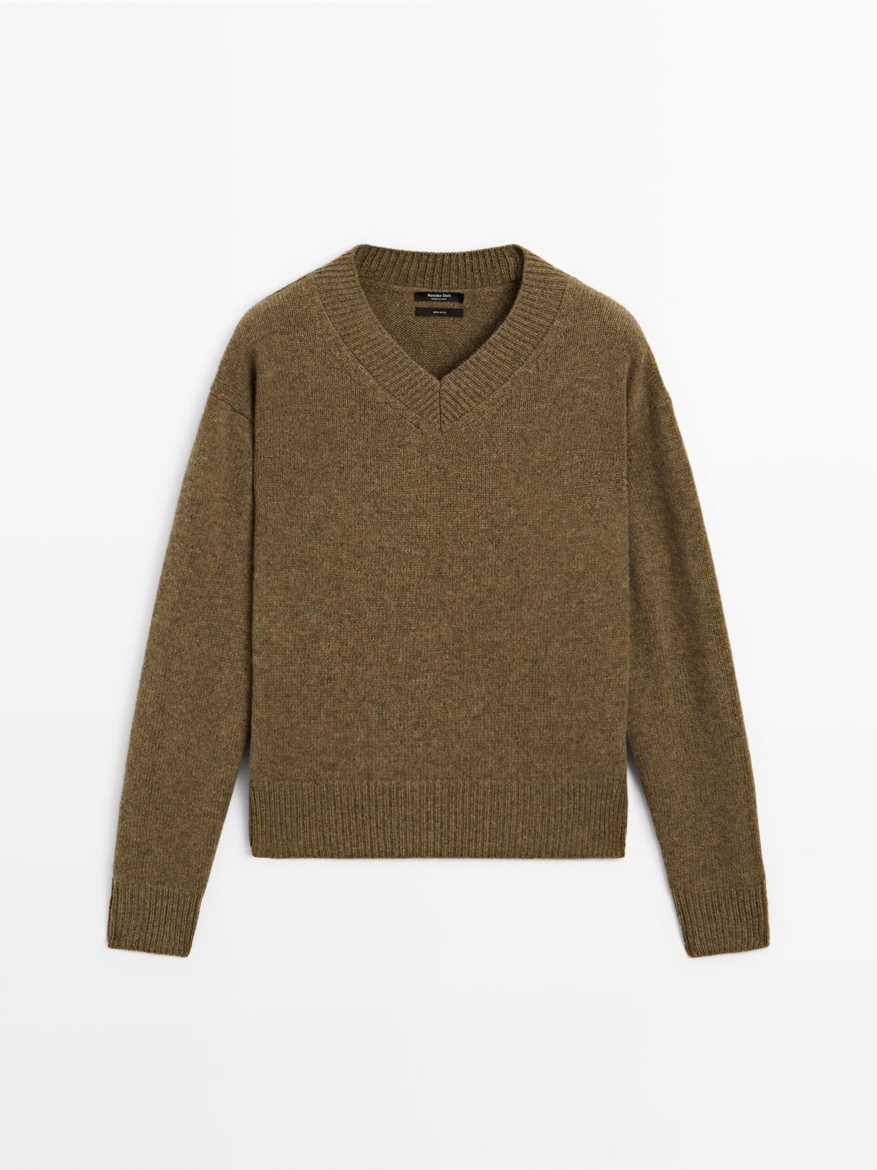 Massimo Dutti - Dame - Striktrøje I 100 % Uld Med V-Udskæring - Oliven - S