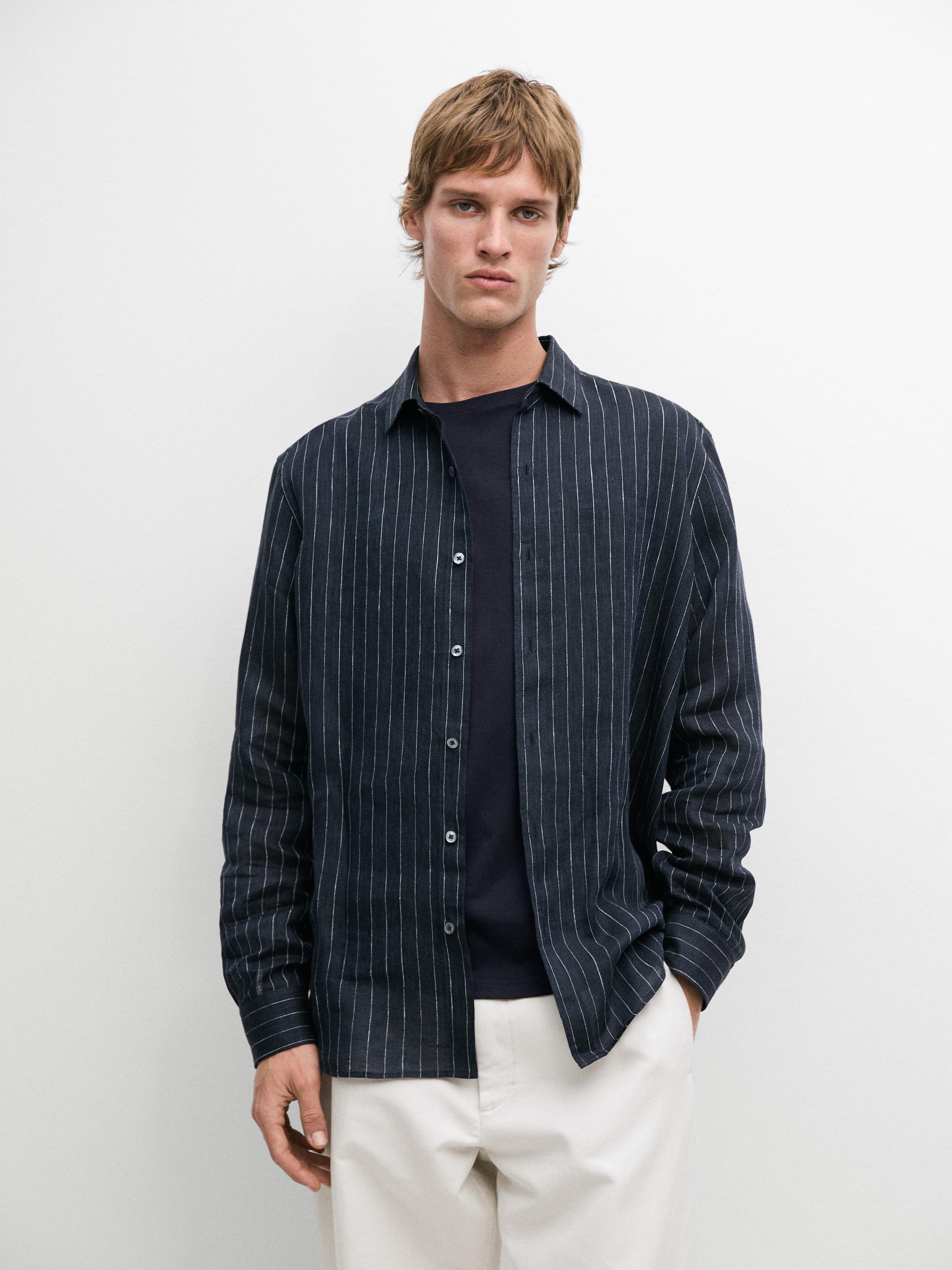 Regular fit striped linen shirt — NAVY BLUE