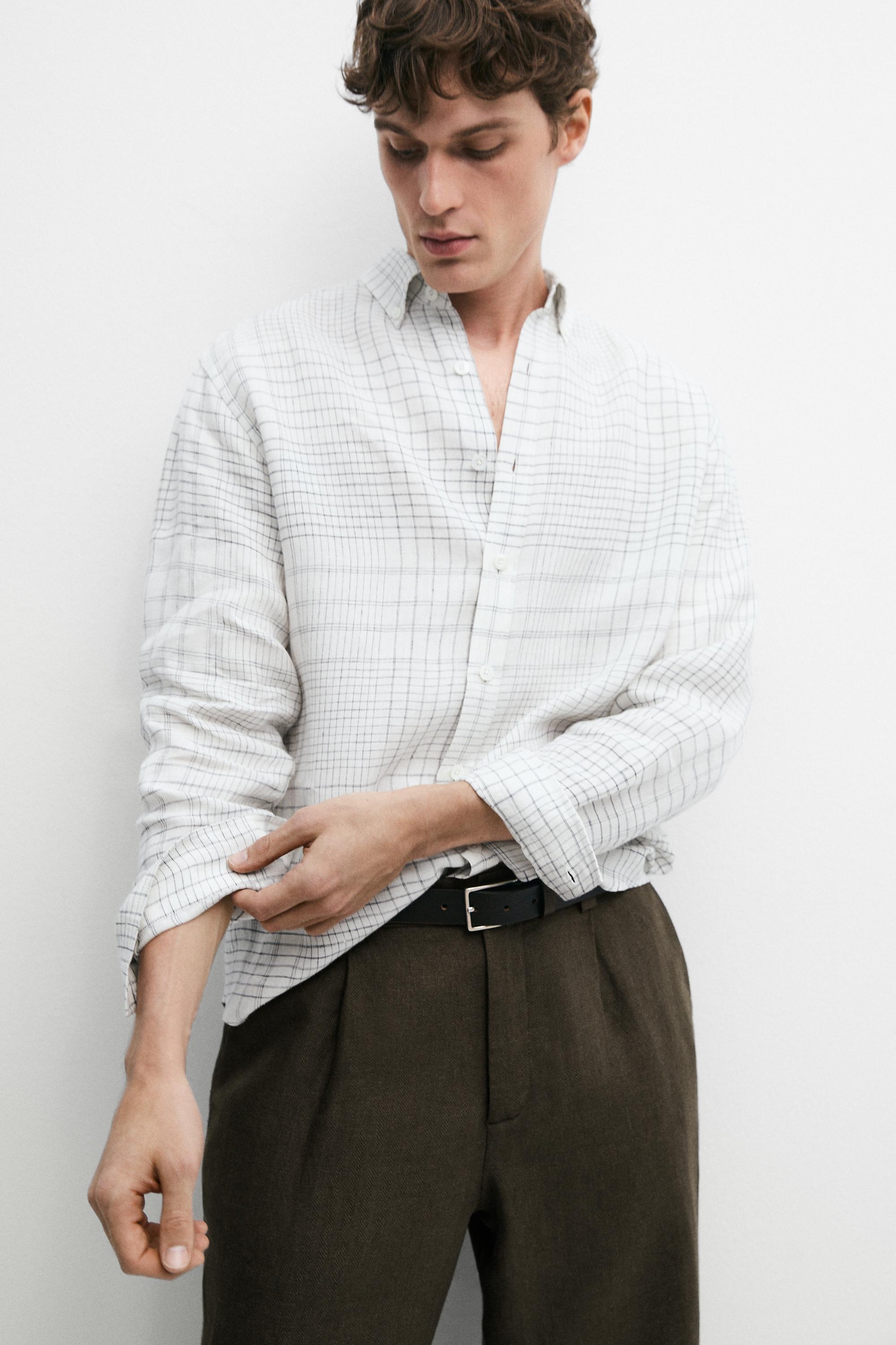 100% linen regular fit check shirt — WHITE