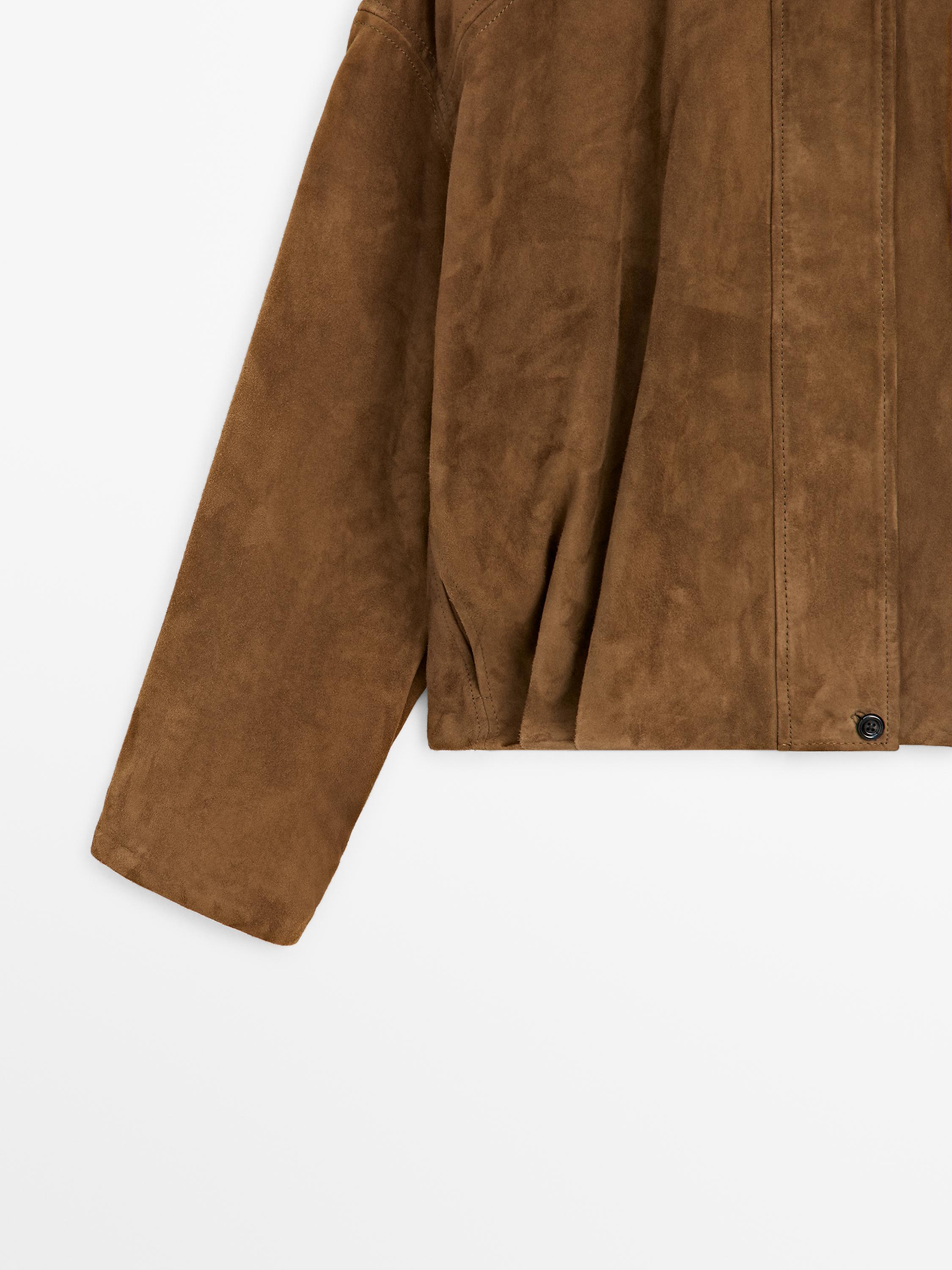 Short suede leather bomber jacket — BROWN