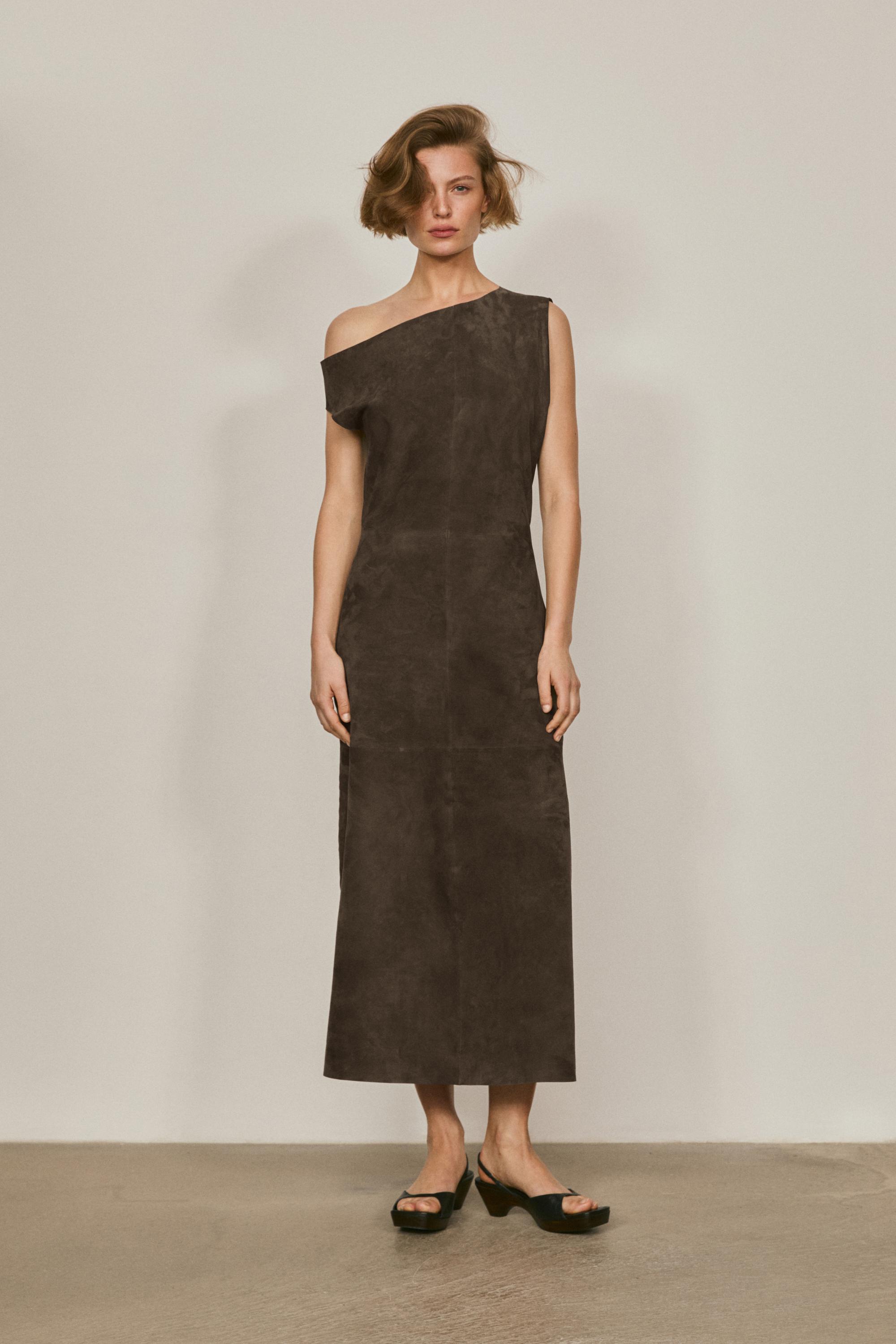 Suede leather midi dress with asymmetric neckline - LIMITED EDITION Mole Brown Leather Outerwear | Massimo Dutti Suede leather midi dress with asymmetric neckline - LIMITED EDITION Mole Brown Leather Outerwear | Massimo Dutti