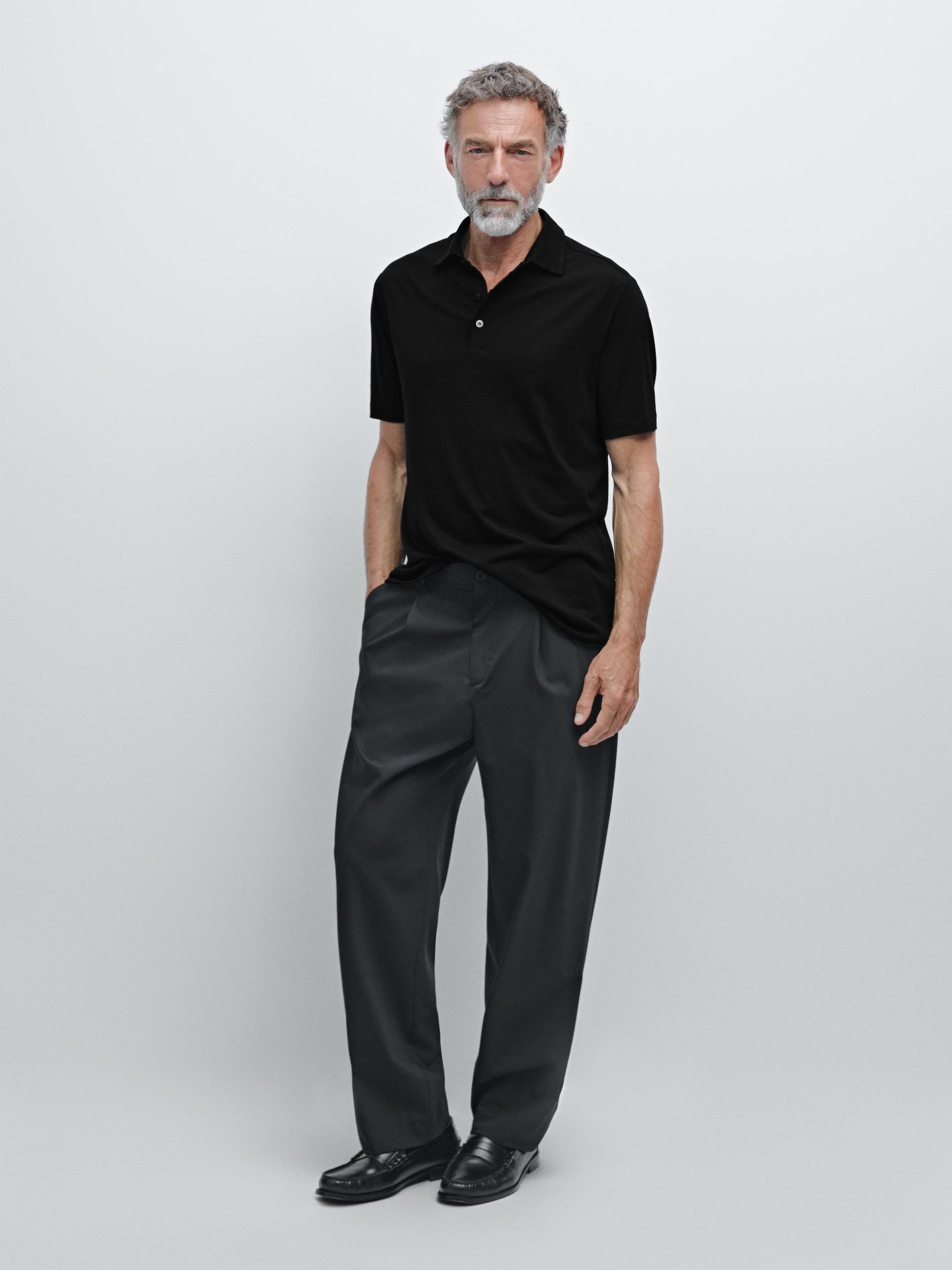 Polo À Manches Courtes En Laine Mélangée - Noir - M - Massimo Dutti - Homme