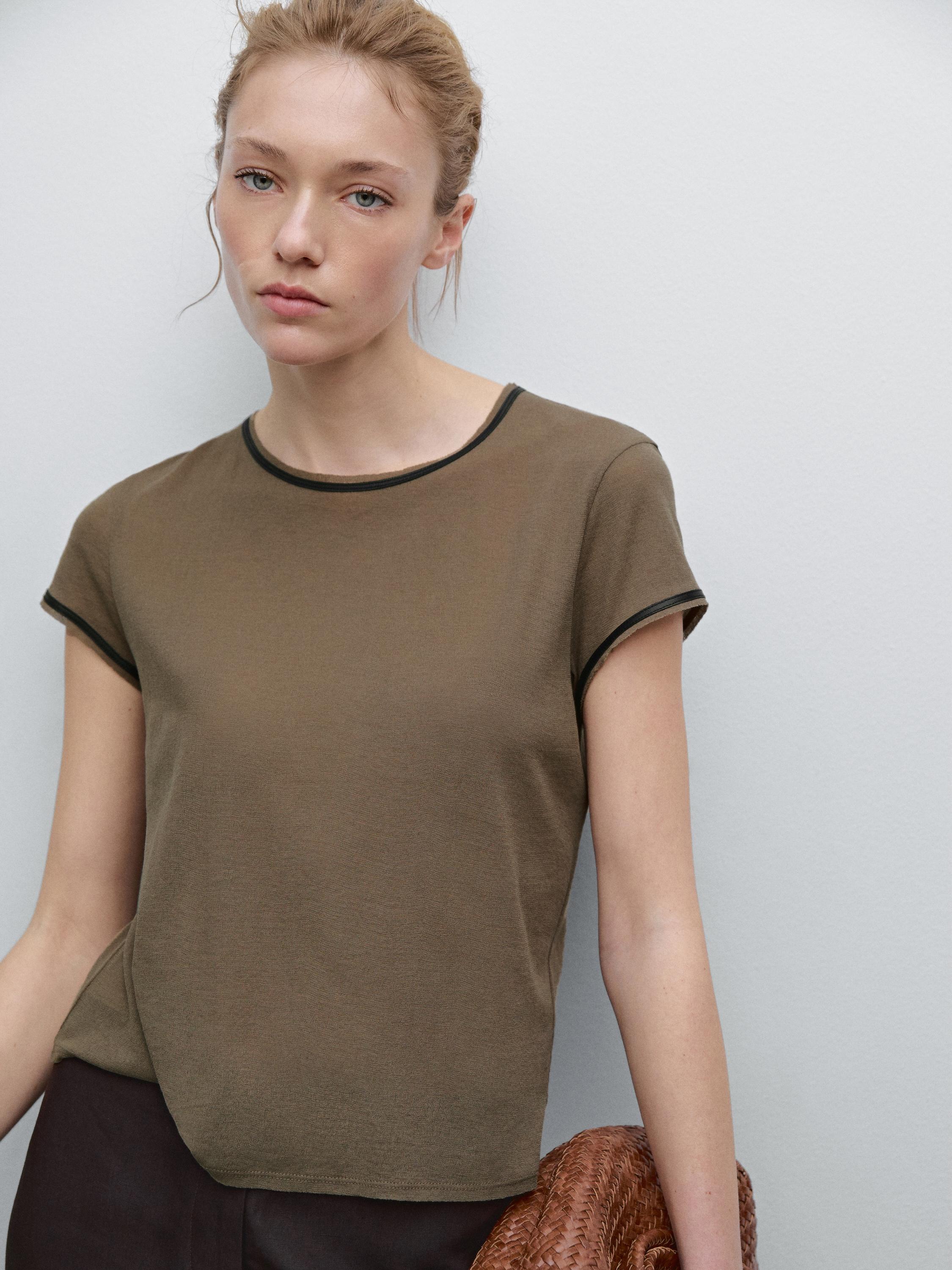 Contrast leather trimmed T-shirt