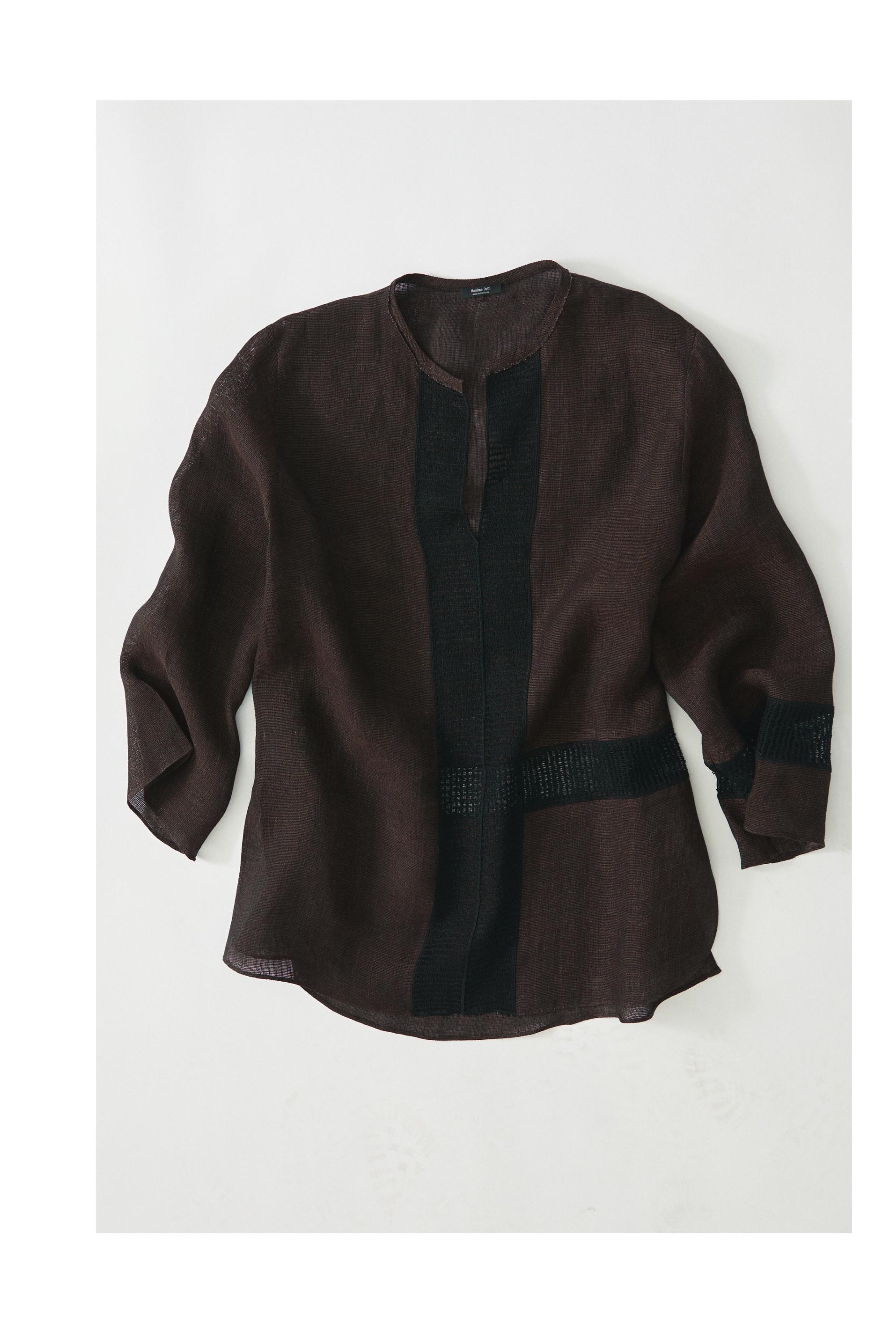 Flowing oversize linen blend blouse with lace trim — BROWN MARL