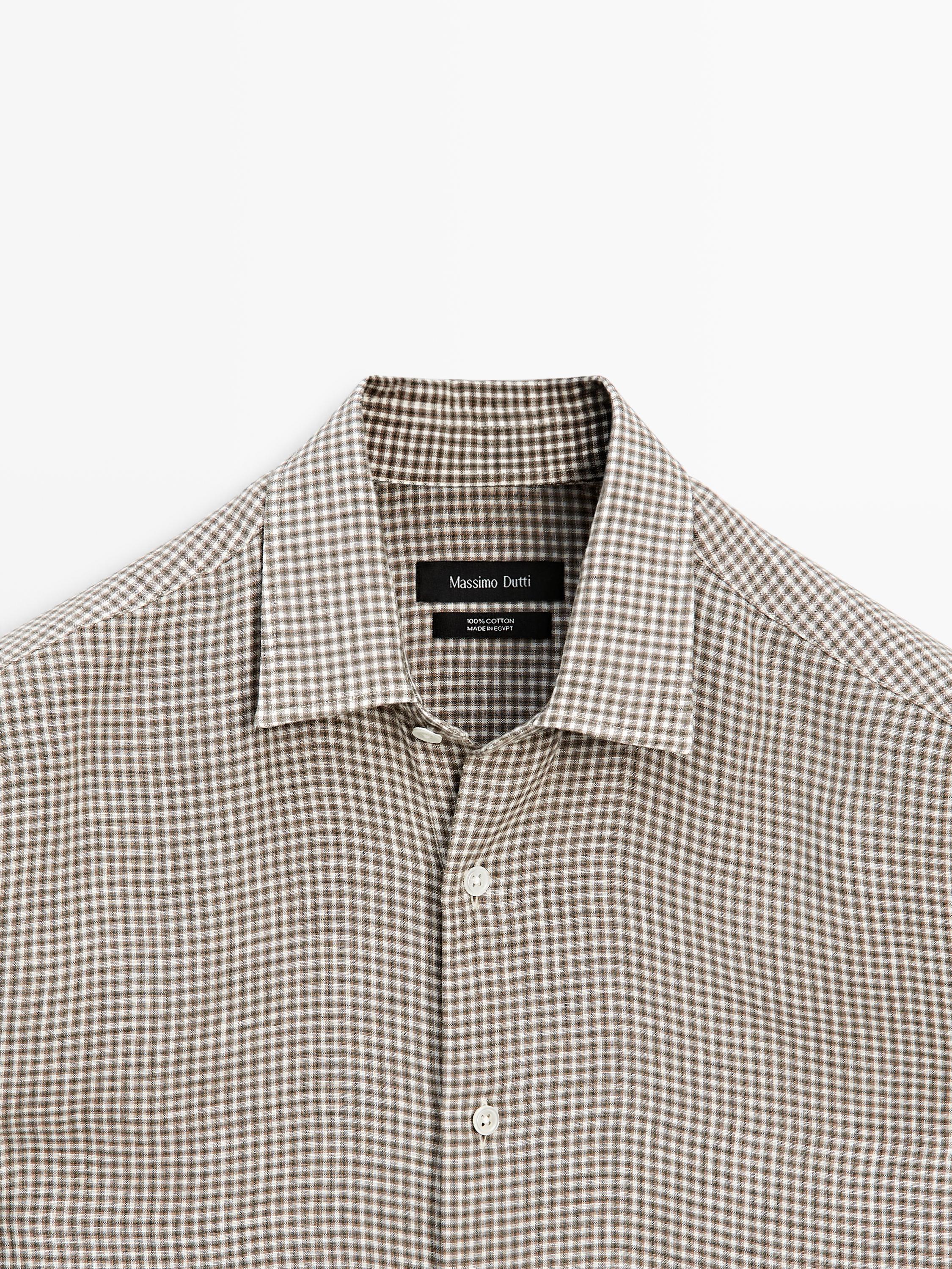 100% linen regular fit check shirt — BROWN