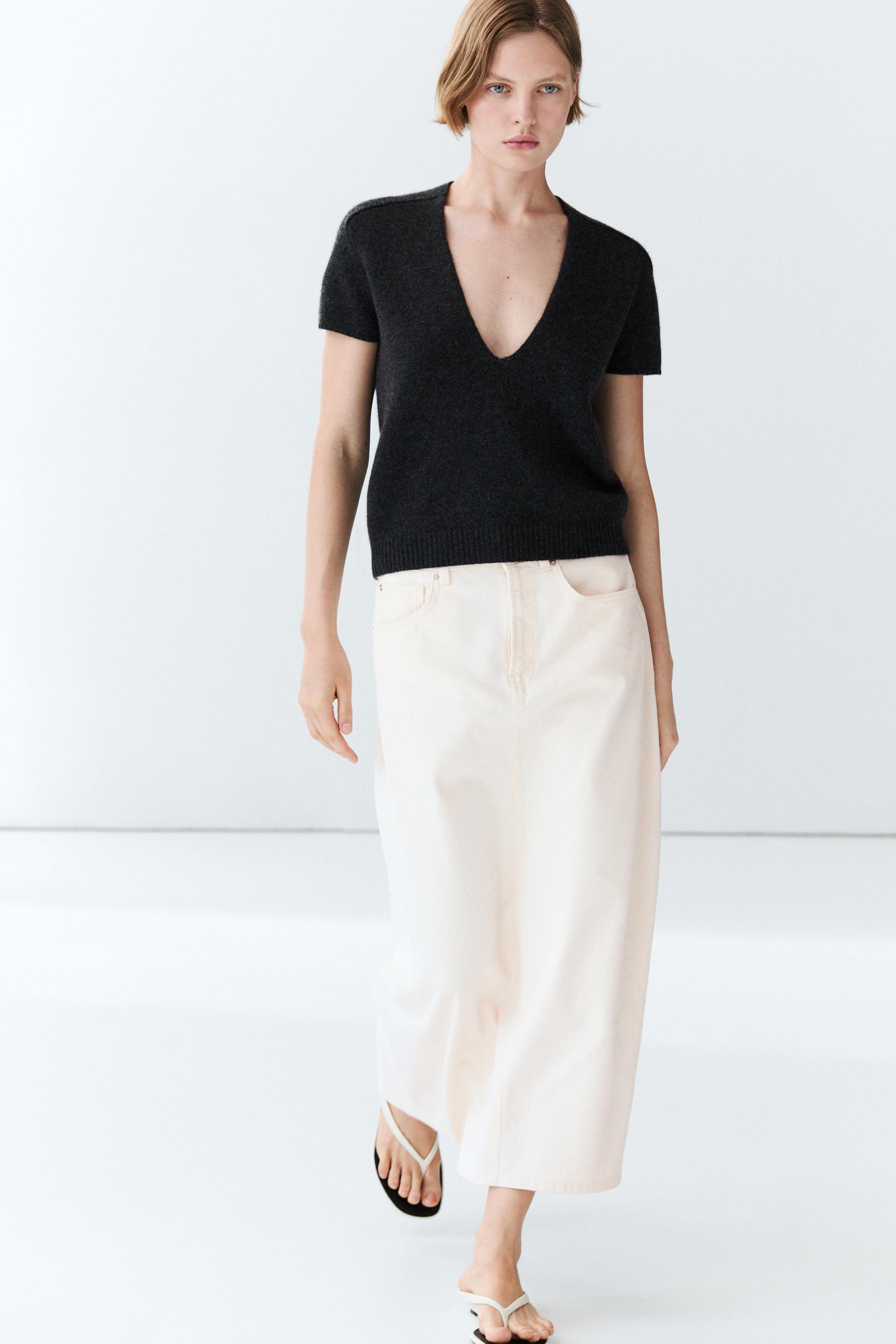 100% cashmere knit short sleeve sweater — ANTHRACITE GREY