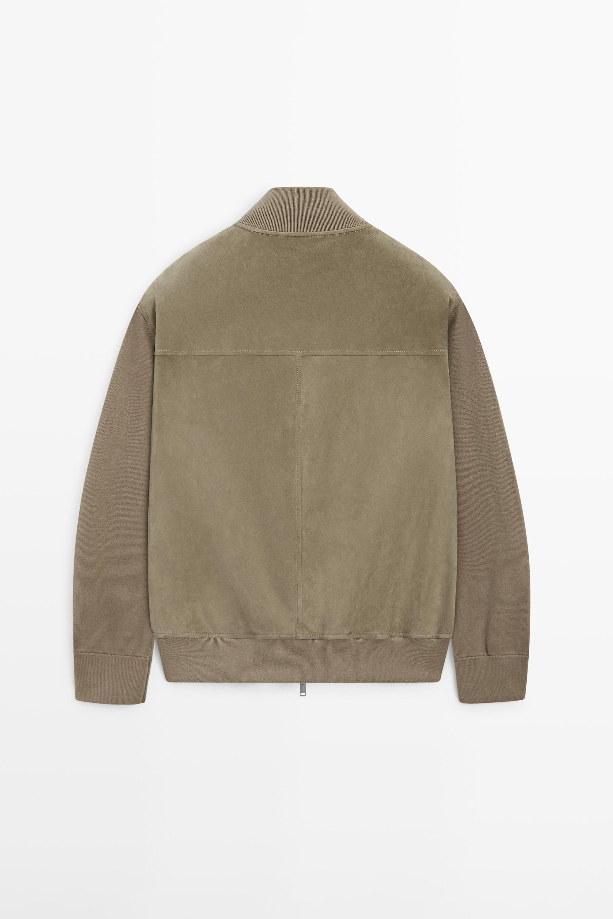 Contrast knit and suede leather jacket — PALE KHAKI