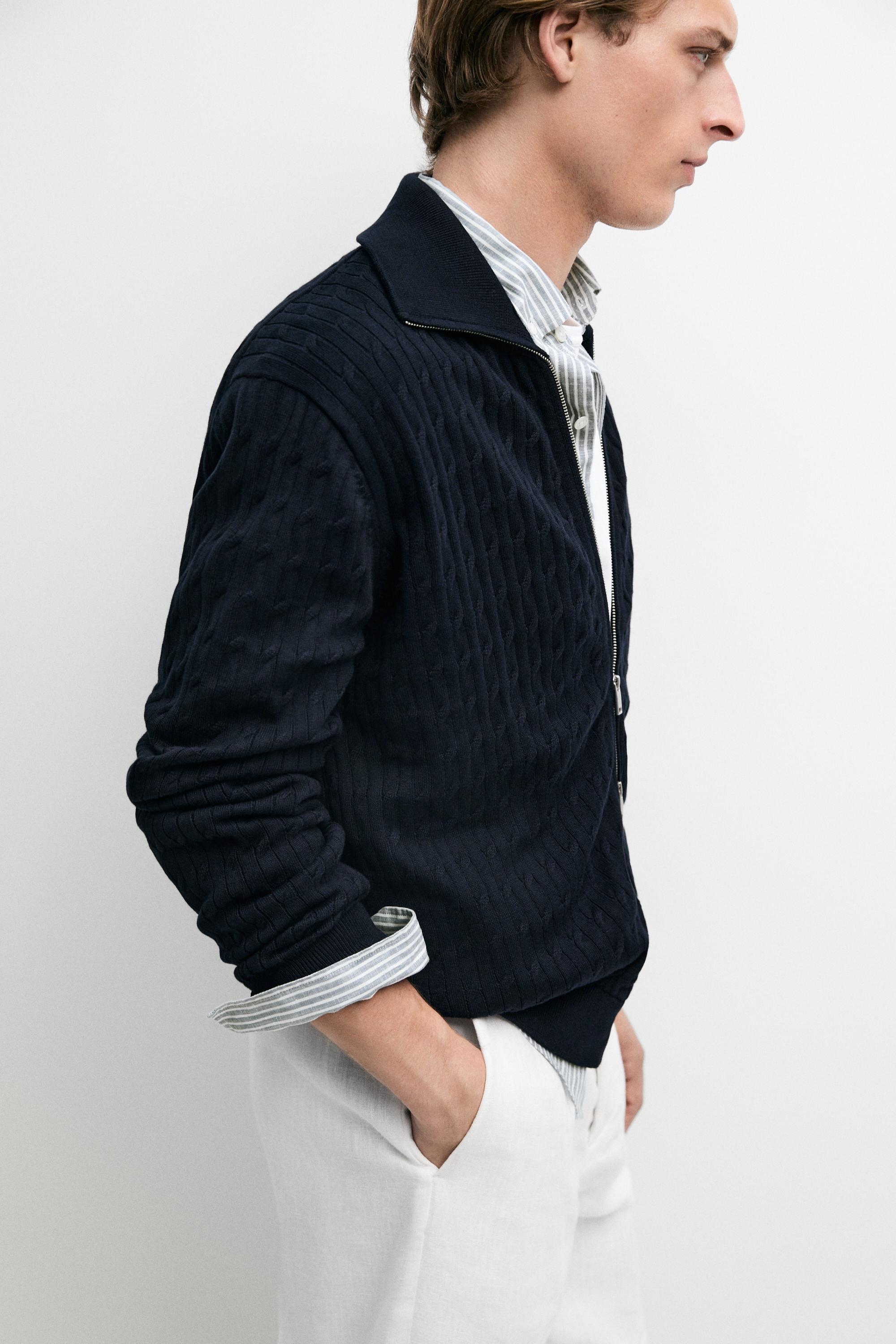 100% cotton braided knit cardigan — NAVY BLUE