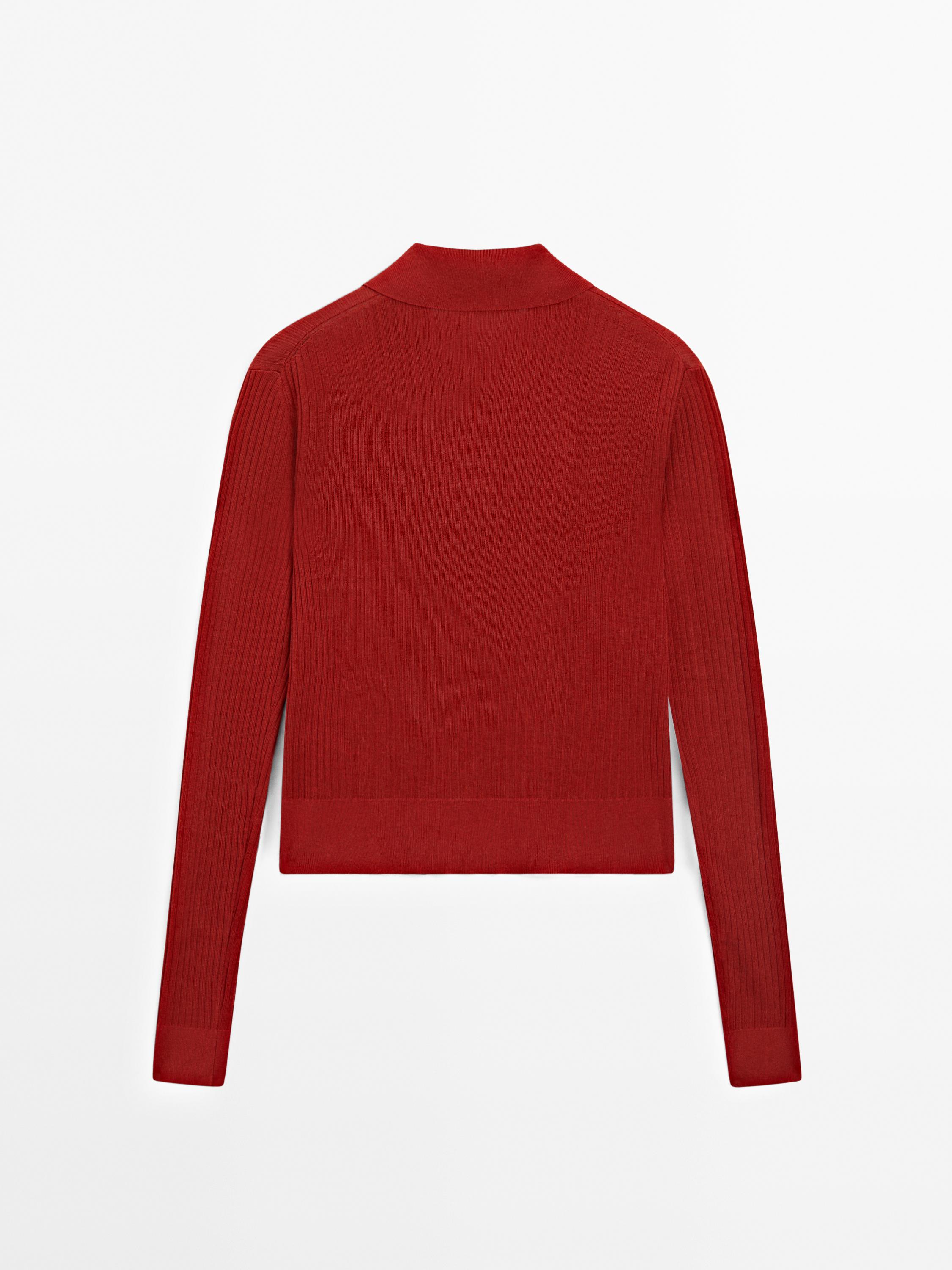 Ribbed knit sweater with polo collar and buttons