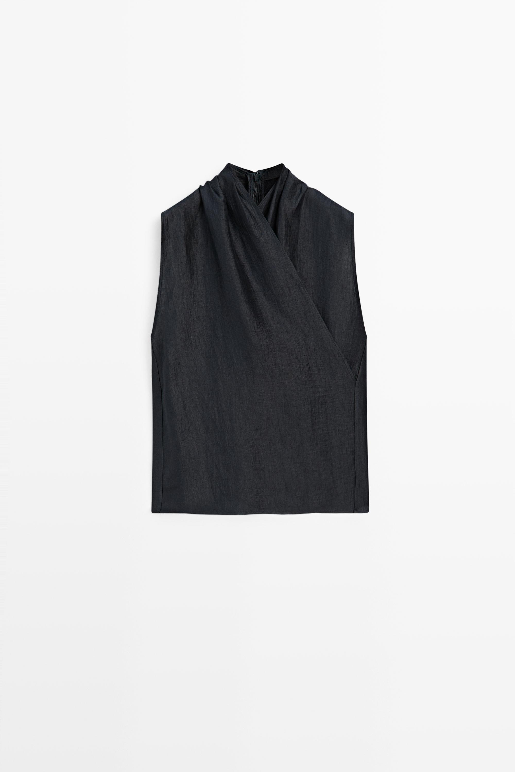 Linen blend sleeveless crossover top — NAVY BLUE