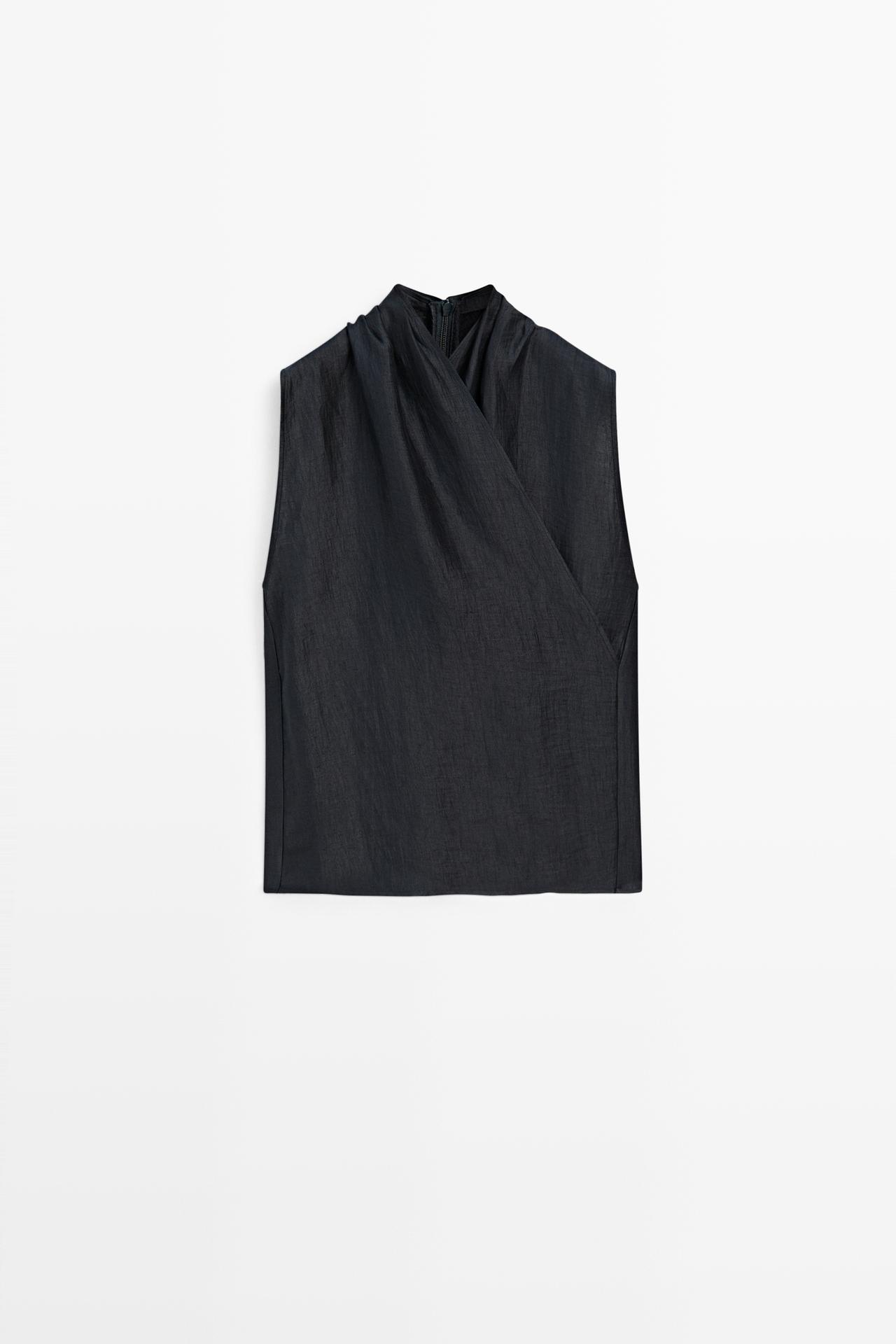 Linen blend sleeveless crossover top — NAVY BLUE